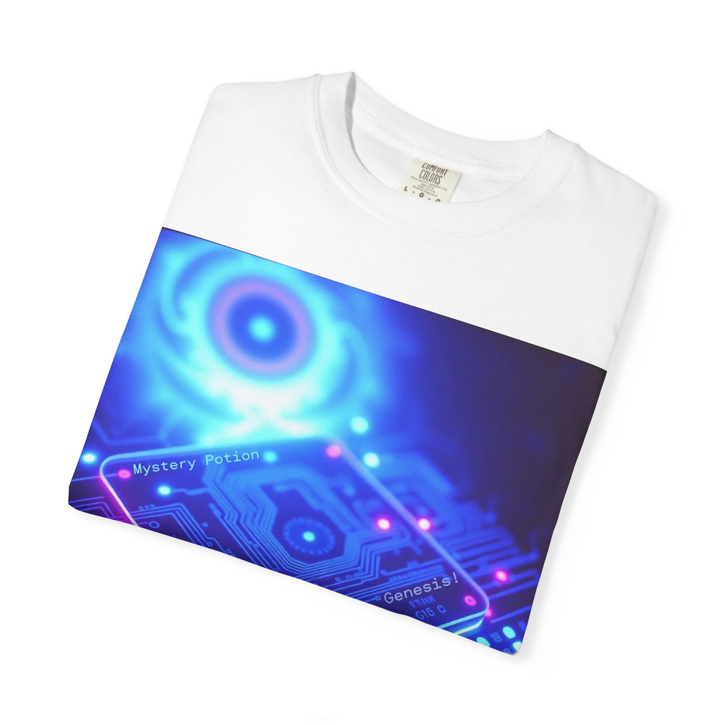 Genesis by Mystery Potion, Tech-Inspired Unisex Garment-Dyed T-Shirt, Unique Gift for Tech Lovers, Festival Wear, Casual Style, Gamer Apparel, Cyberpunk Vibe