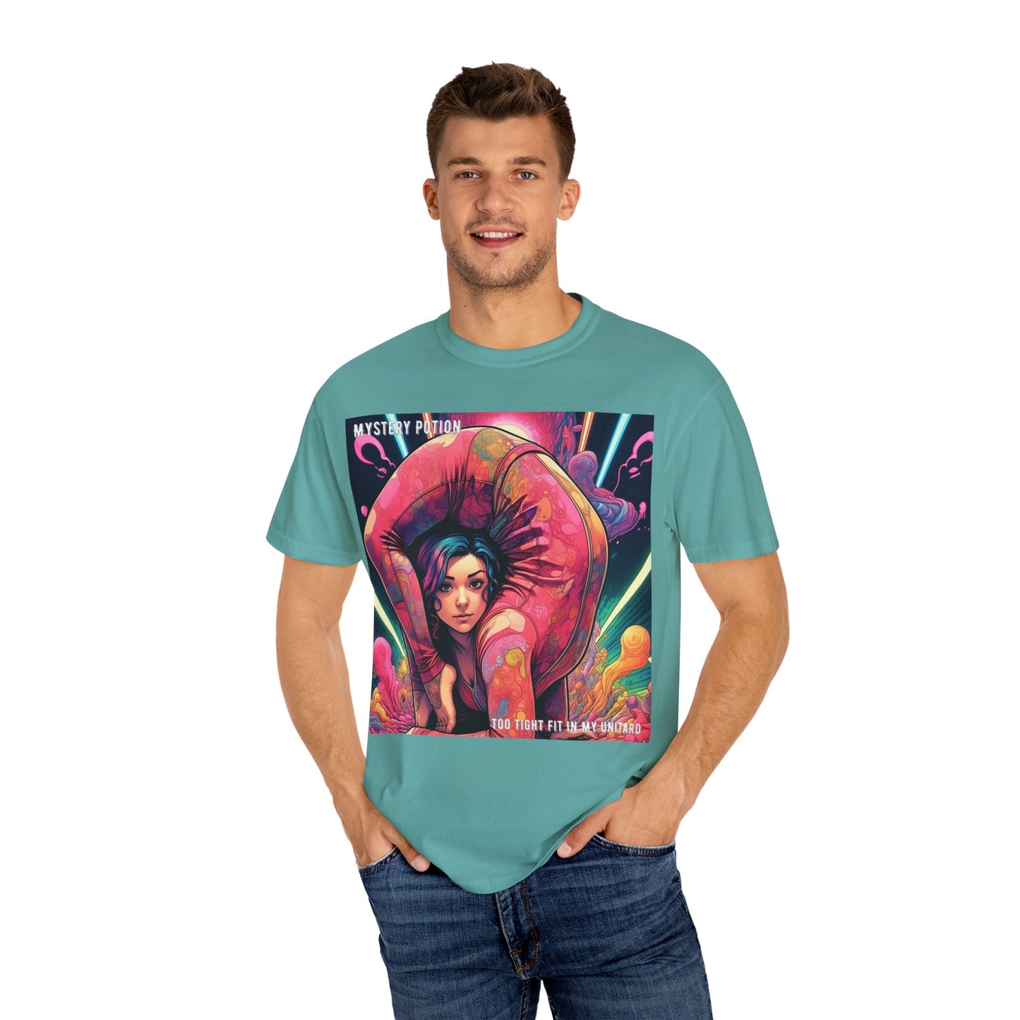 Mystery Potion Extreme Yoga Pose Unisex Garment-Dyed T-shirt, Artistic Tee, Vibrant Graphic Shirt, Unique Gift, Festival Wear, Comfortable Casual Top