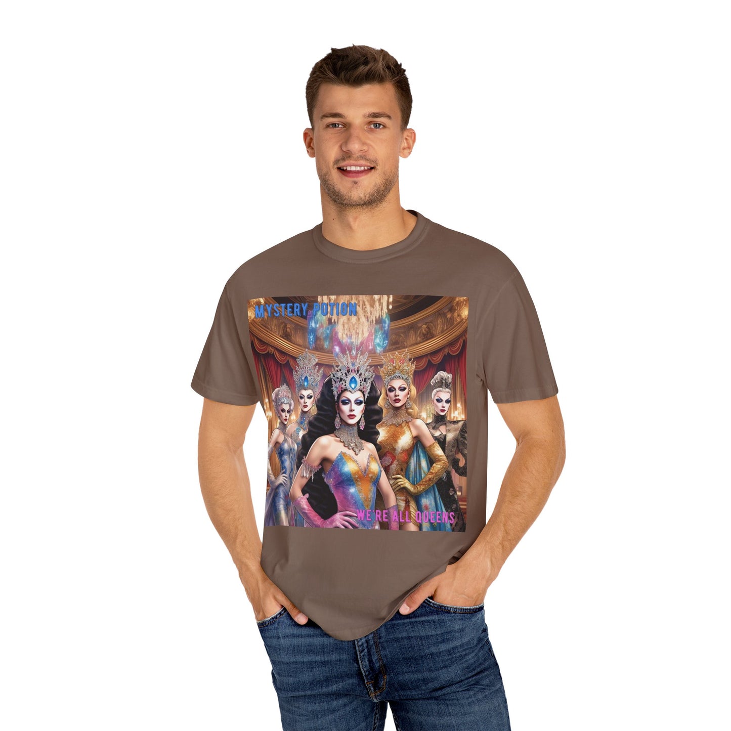 'We're all Queens' by Mystery Potion, Unisex Garment-Dyed T-Shirt, Fashion Apparel for Queens, Vintage-Inspired Tee, Unique Gift for Costume Events, Trendy [...]