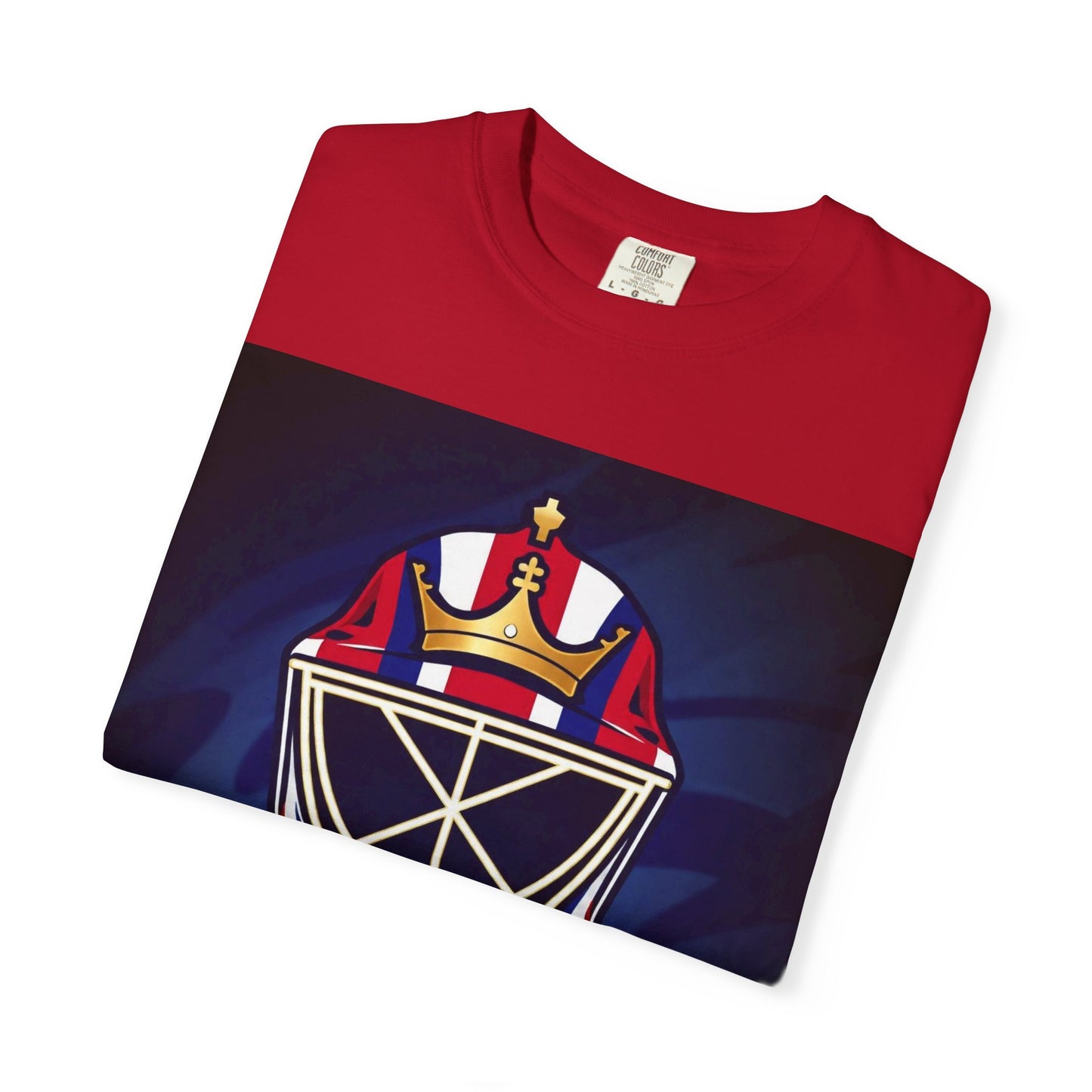 Regal Crown Goalie Mask Graphic T-shirt, Unisex Fashion Tee, Red, White and Blue Casual Wear, Gift for Her/Him, Summer Style, Graphic Apparel, Streetwear