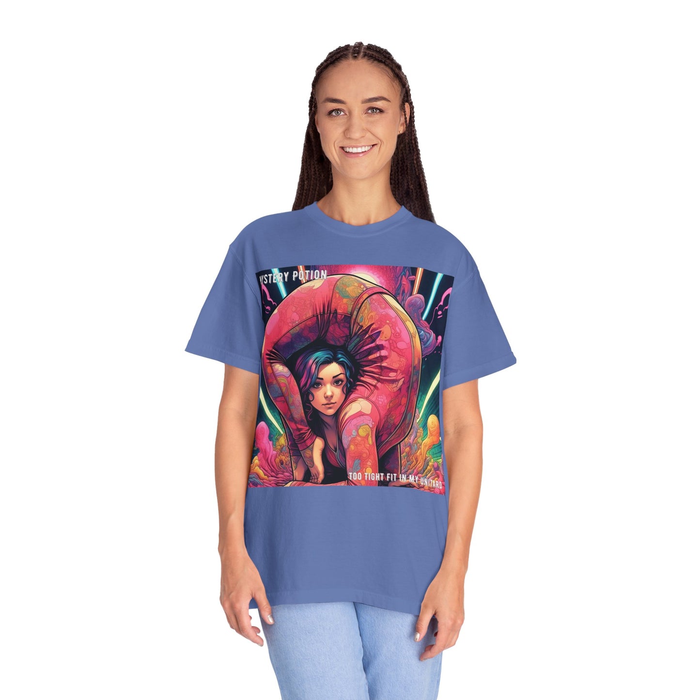 Mystery Potion Extreme Yoga Pose Unisex Garment-Dyed T-shirt, Artistic Tee, Vibrant Graphic Shirt, Unique Gift, Festival Wear, Comfortable Casual Top