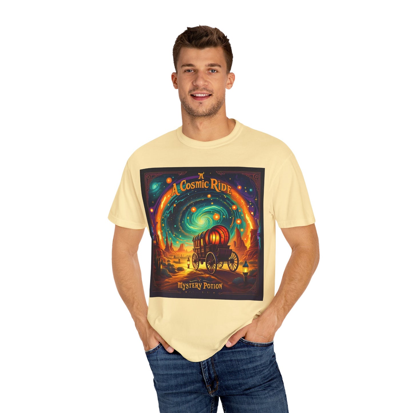 A Cosmic Ride by Mystery Potion T-Shirt, Unisex Graphic Tee, Country Western Festival Wear, Bohemian Style, Gift for Dreamers, Mystical Art Shirt