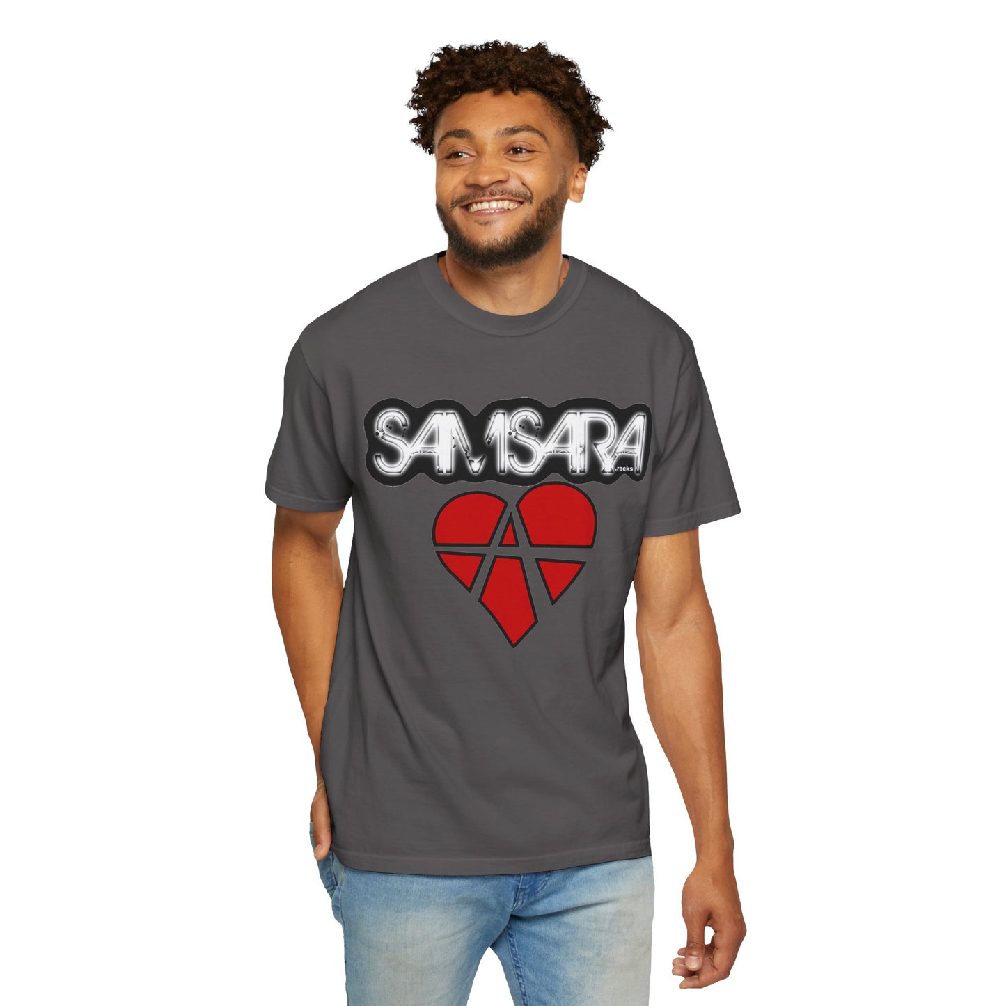 'Samsara Rocks' Logo, Love and Anarchy Graphic Tee | Unisex Garment-Dyed T-Shirt, Casual Fashion, Heart Design, Streetwear, Gift for Him/Her