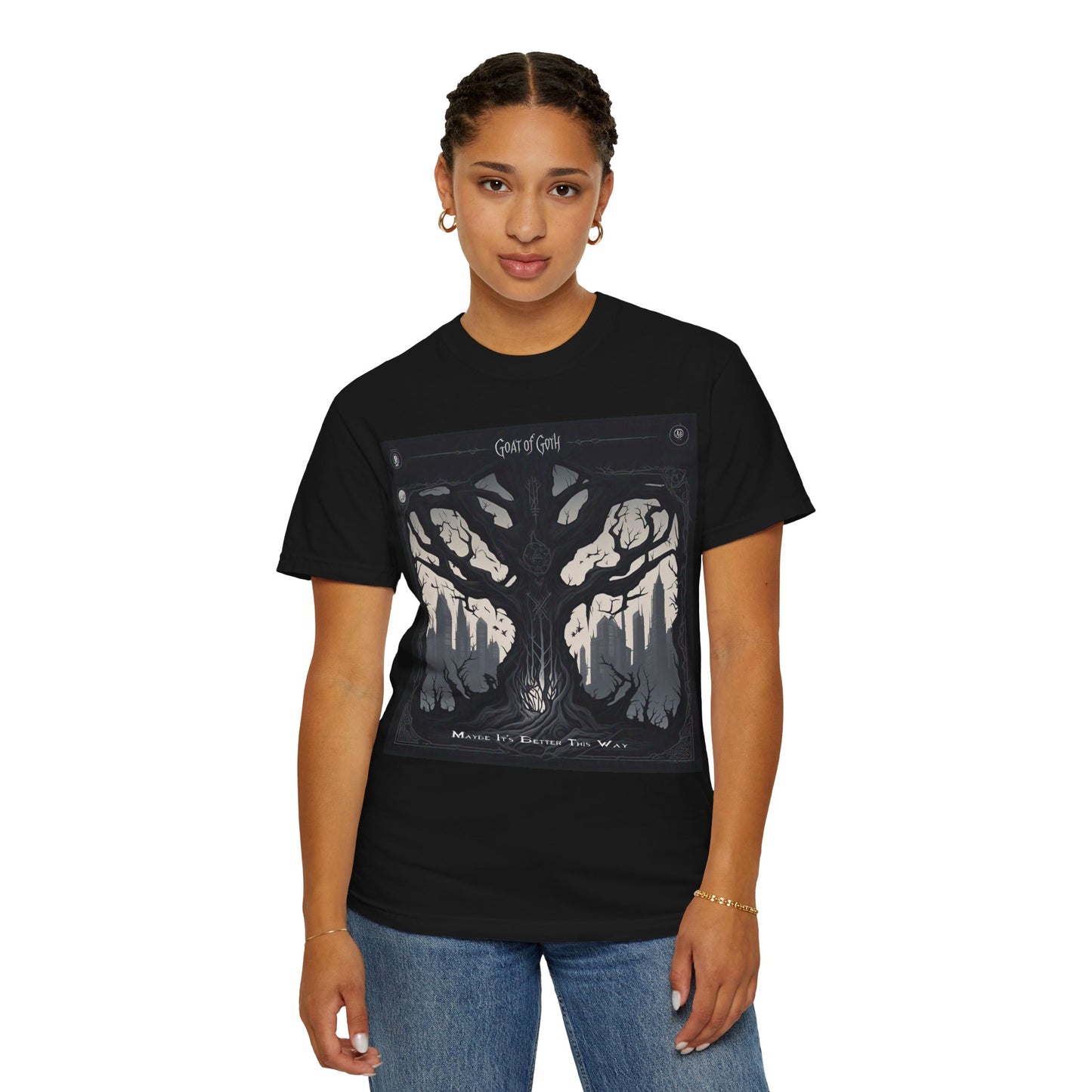 Gothic Tree T-Shirt, GOAT of Goth Unisex Cotton Tee for Nature Lovers, Unique Graphic Tee, Perfect for Festivals, Gift for Adventurers, Eco-Friendly Wear