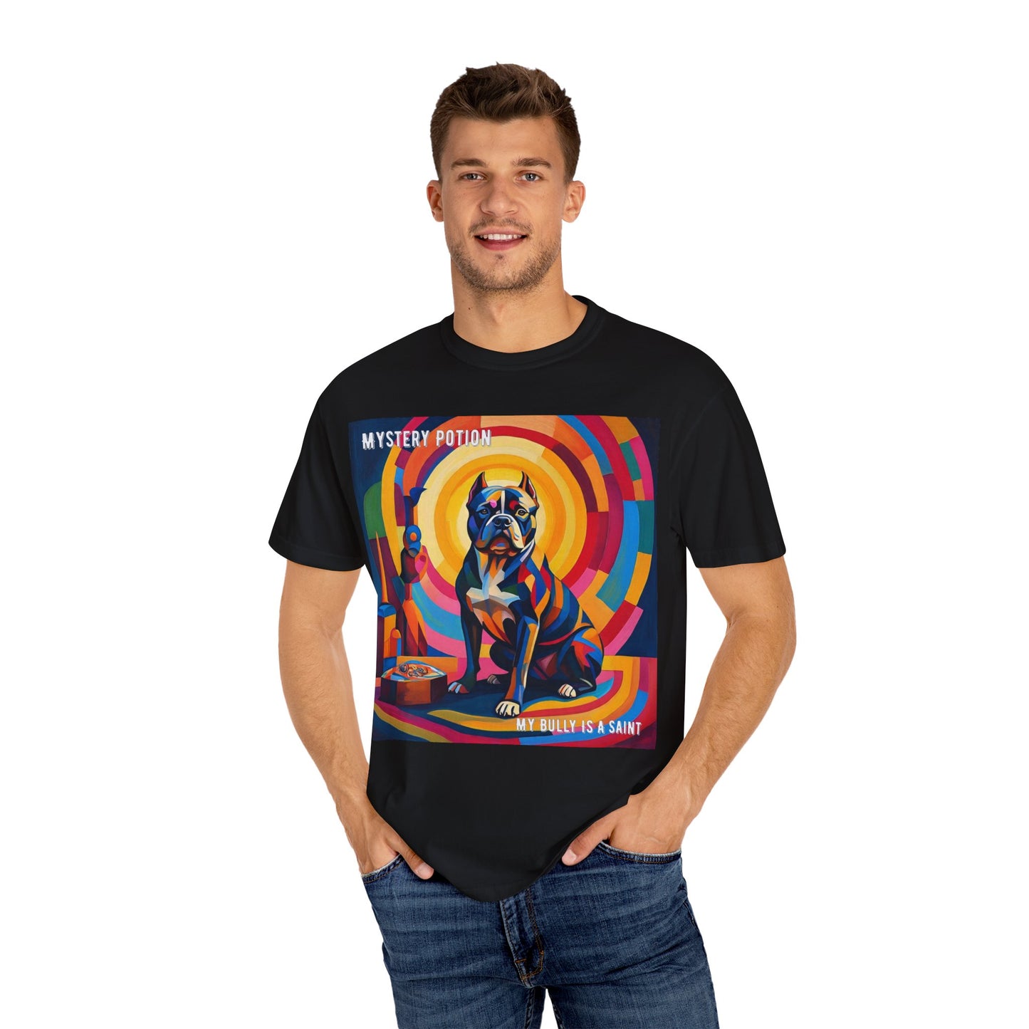 'My Bully Is A Saint' by Mystery Potion Colorful Dog Art T-shirt, Unisex Graphic Tee by Mystery Potion, Perfect for Pet Lovers, Comfy Casual Wear, Great Gift for Dog Lovers