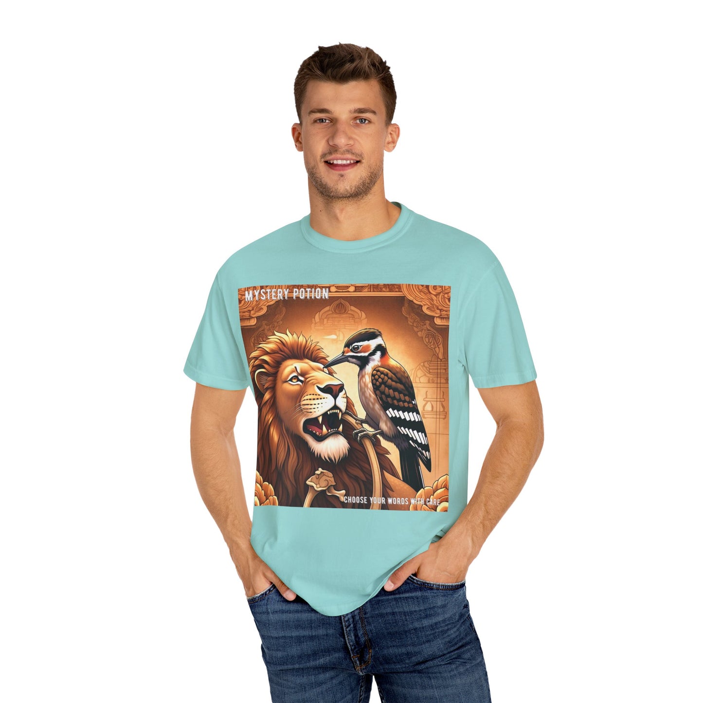 Mystical Lion & Bird T-Shirt | Unique Graphic Tee, Unisex Apparel, Gift for Nature Lovers, Bohemian Style, Festival Wear