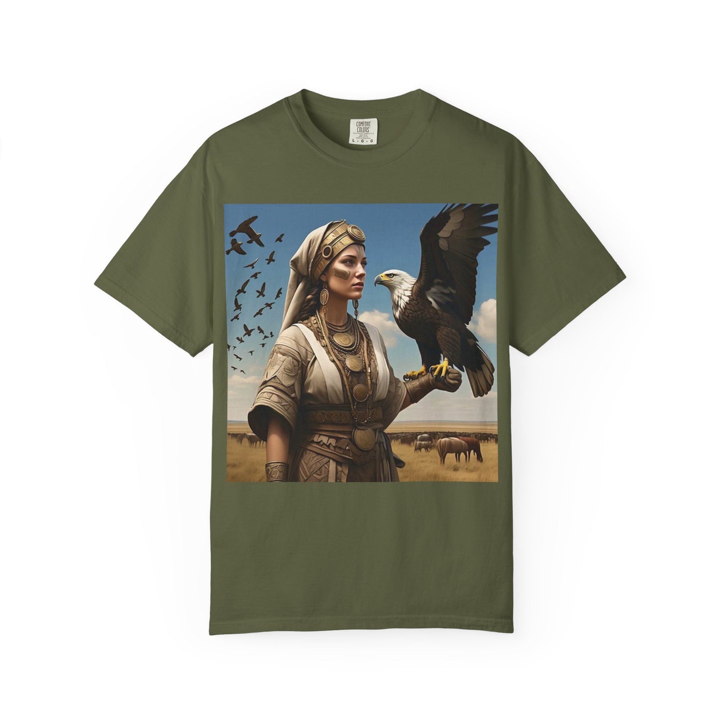 Empowered Eagle and Scythian Woman T-Shirt, Unisex Garment-Dyed Tee, Nature Lover Shirt, Gift for Bird Enthusiasts, Unique Graphic Tee