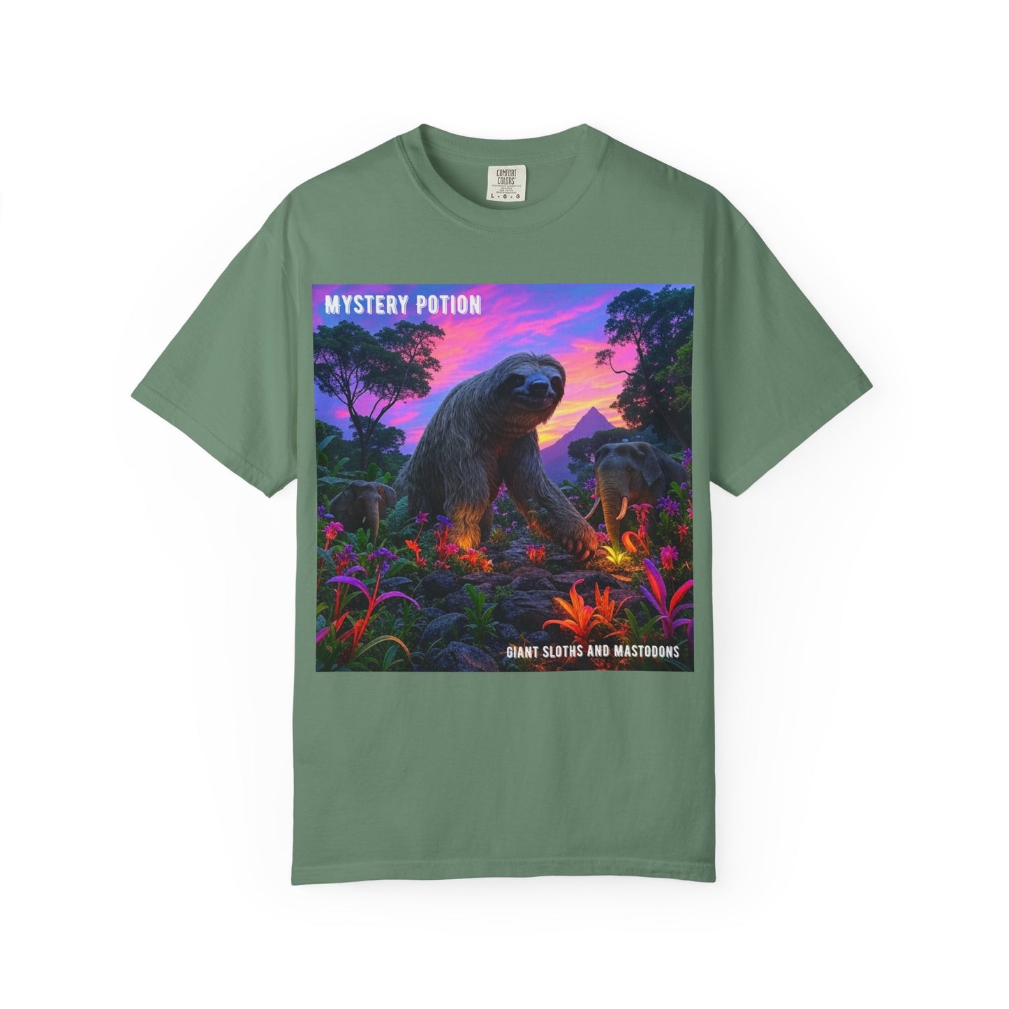 Mystery Potion's Giant Sloths and Mastodons Graphic T-Shirt | Unisex Garment-Dyed Tee for Nature Lovers, Unique Gift, Festival Wear, Prehistoric Design