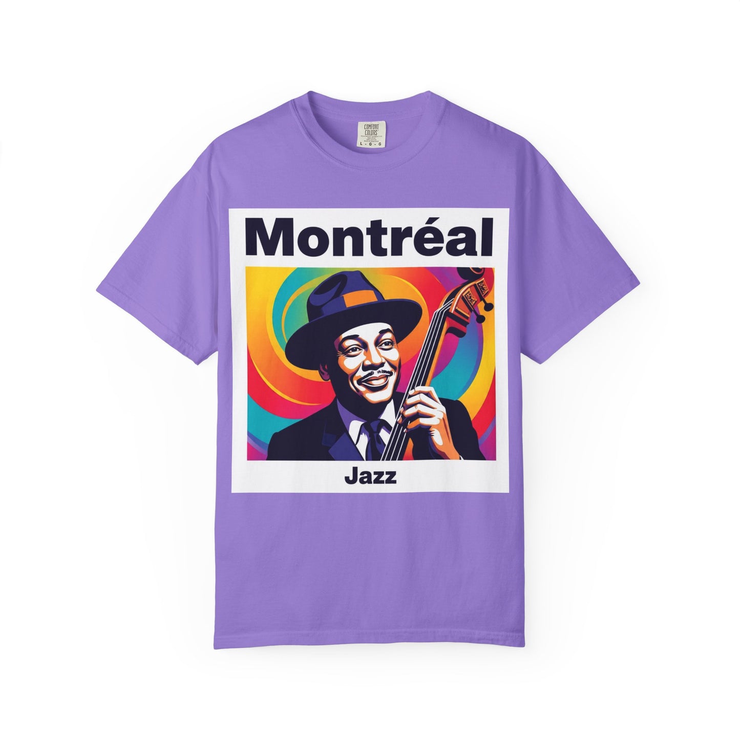 Vibrant Jazz T-Shirt with Montréal Design | Unisex Garment-Dyed Tee for Music Lovers, Concerts, Festivals, Gift Idea, Casual Wear