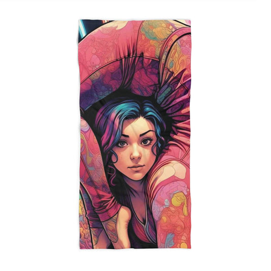 'Too Tight Fit In My Unitard' by Mystery Potion, Vibrant Beach Towel - Colorful Summer Towel, Poolside Lounger, Gift for Beach Lovers, Bohemian Decor, Vibrant Artwork Towel