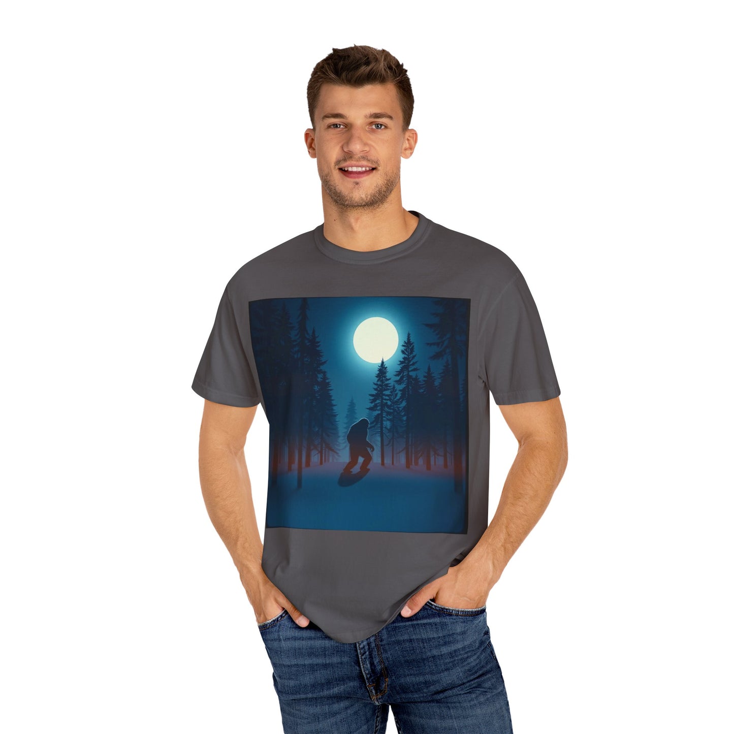 Moonlit Forest Snowboarder T-Shirt, Cozy Adventure Tee, Winter Sports Gift, Unisex Apparel, Outdoor Vibes