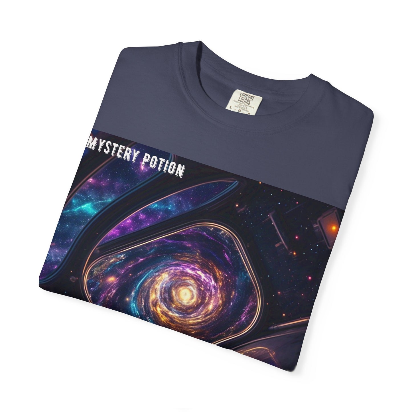 Cosmic Themed Mystery Potion Unisex Garment-Dyed T-shirt, Mystical Tee, Galaxy Shirt, Space Art Apparel, Unique Gift for Event Horizon Stargazers
