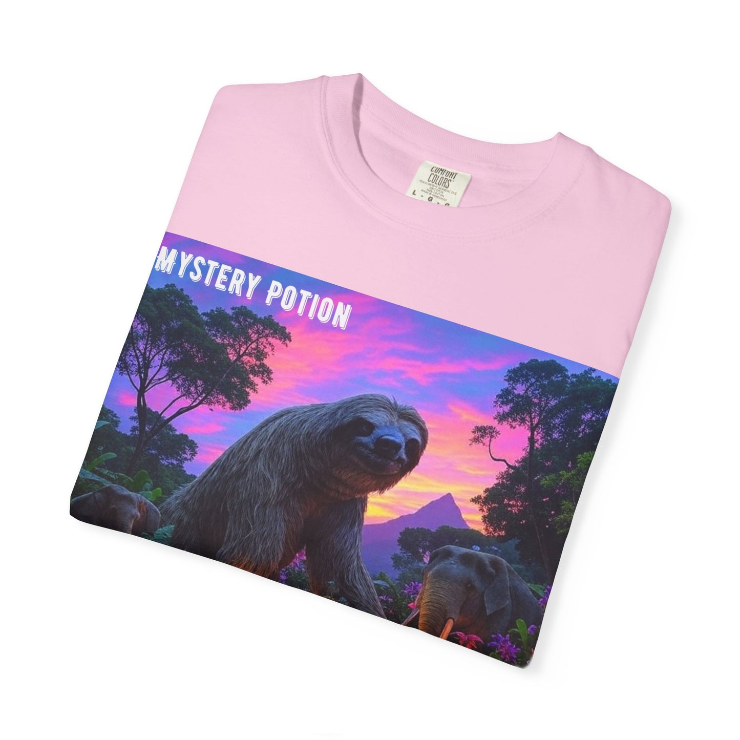 Mystery Potion's Giant Sloths and Mastodons Graphic T-Shirt | Unisex Garment-Dyed Tee for Nature Lovers, Unique Gift, Festival Wear, Prehistoric Design