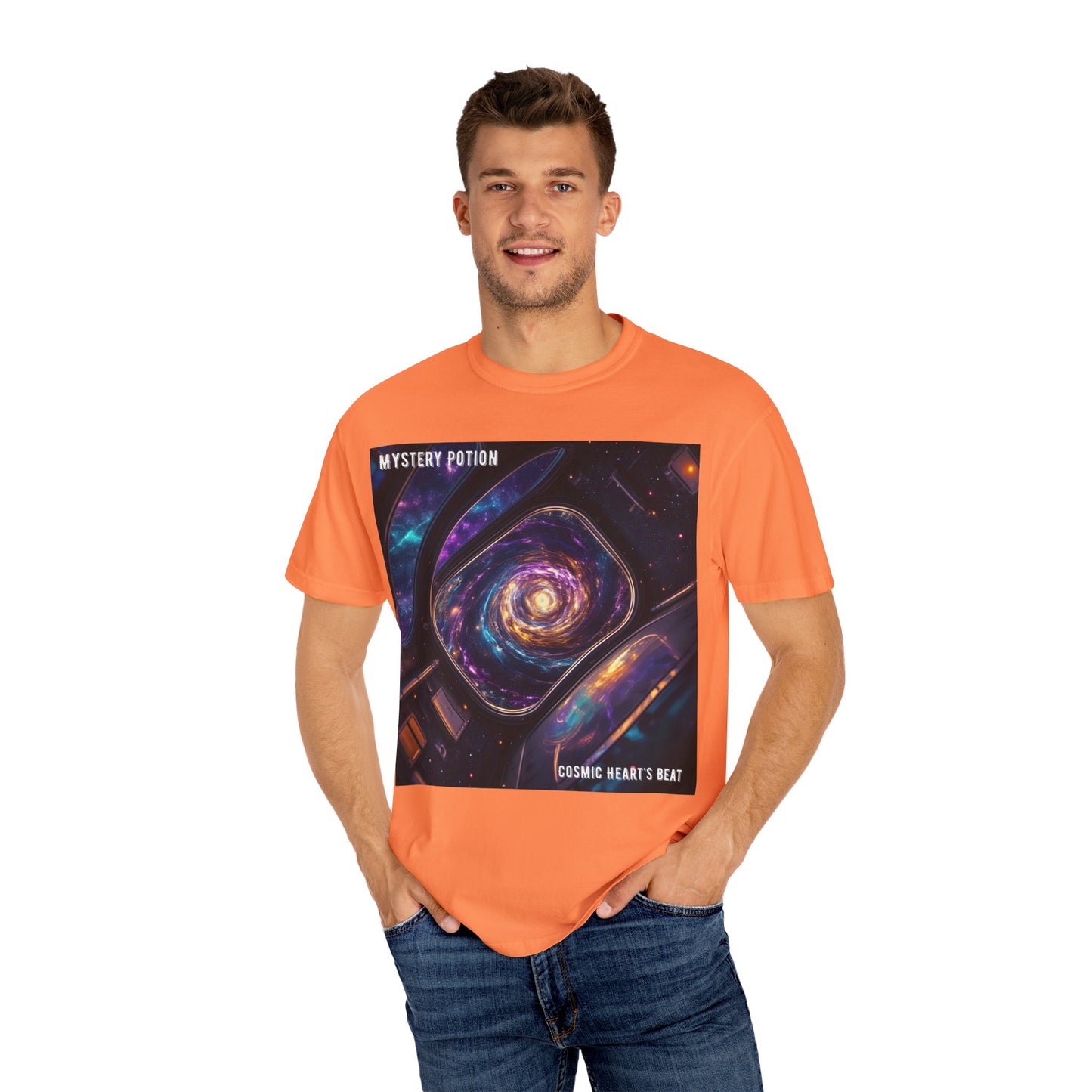 Cosmic Themed Mystery Potion Unisex Garment-Dyed T-shirt, Mystical Tee, Galaxy Shirt, Space Art Apparel, Unique Gift for Event Horizon Stargazers