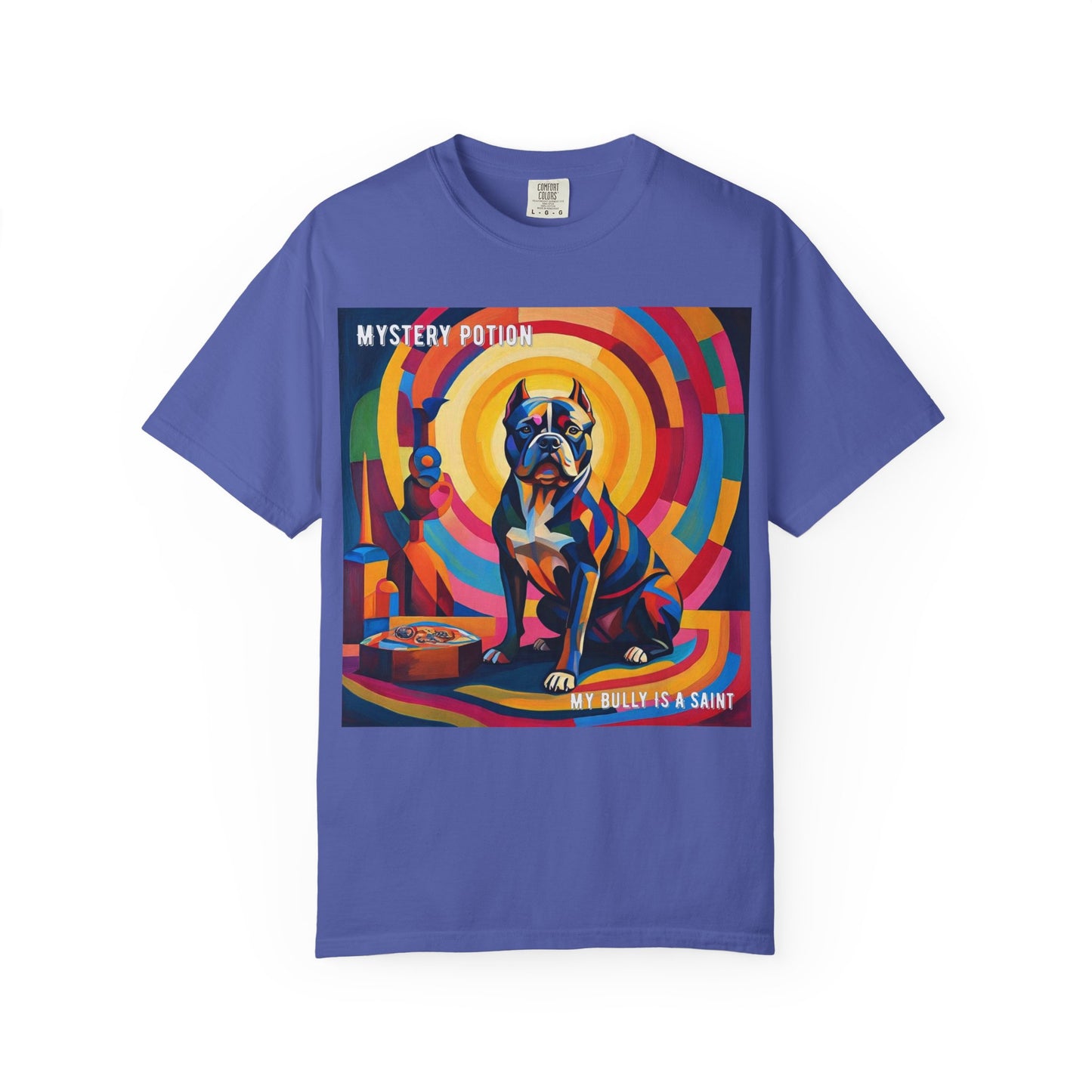 'My Bully Is A Saint' by Mystery Potion Colorful Dog Art T-shirt, Unisex Graphic Tee by Mystery Potion, Perfect for Pet Lovers, Comfy Casual Wear, Great Gift for Dog Lovers