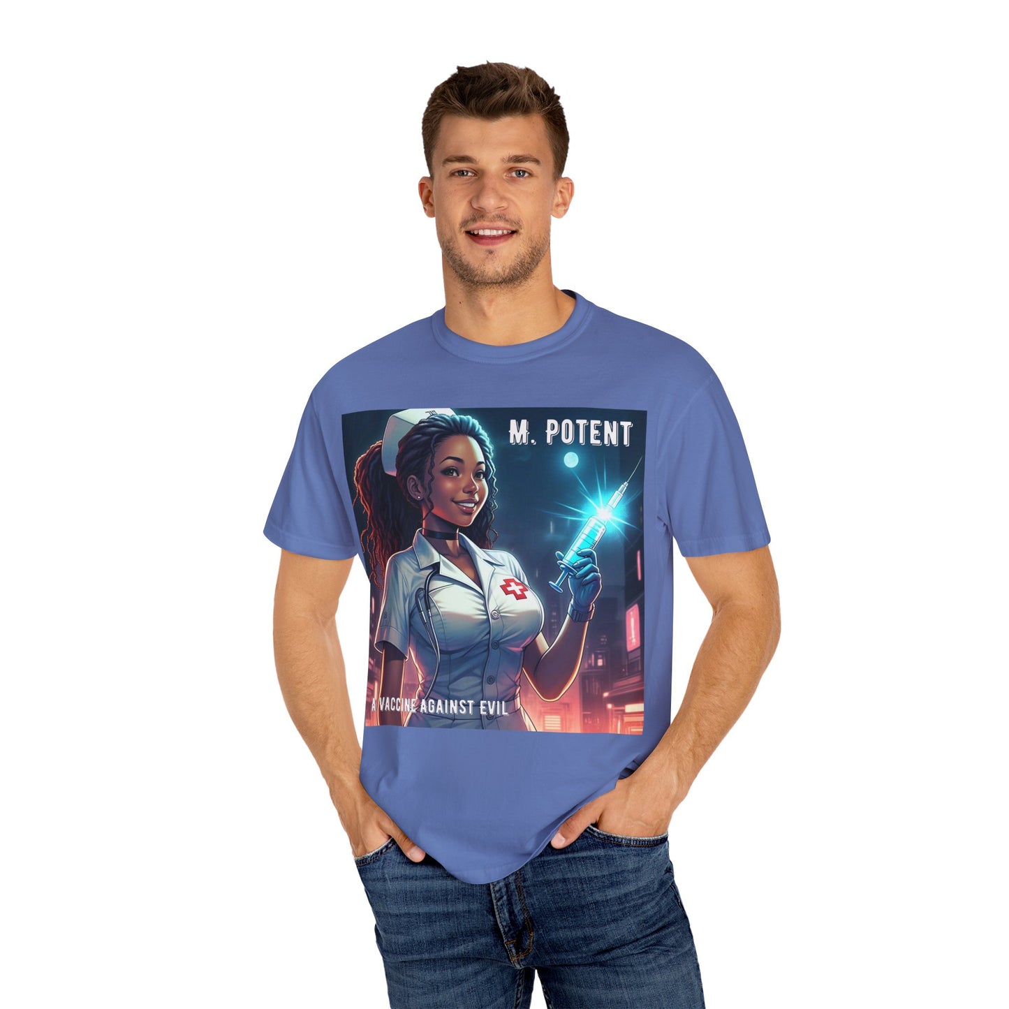 M. Potent's 'A Vaccine Against Evil', Medicine-Themed Unisex T-Shirt, Positive Vibes, Great for Nurses, Vaccination Awareness, Gift for Healthcare Workers