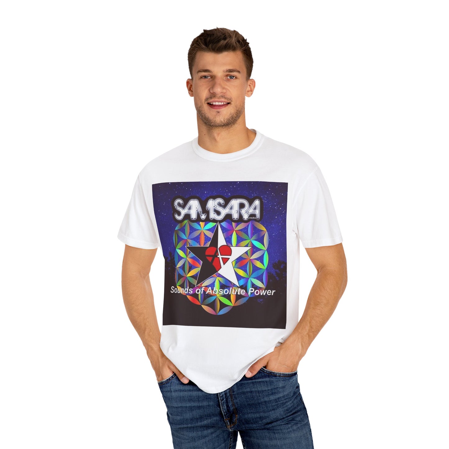 Sounds Of Absolute Power by Samsara Vibrant Graphic T-Shirt for Nature Lovers, Unisex Tee, Festival Wear, Gift for Music Enthusiasts, Bohemian Style Apparel