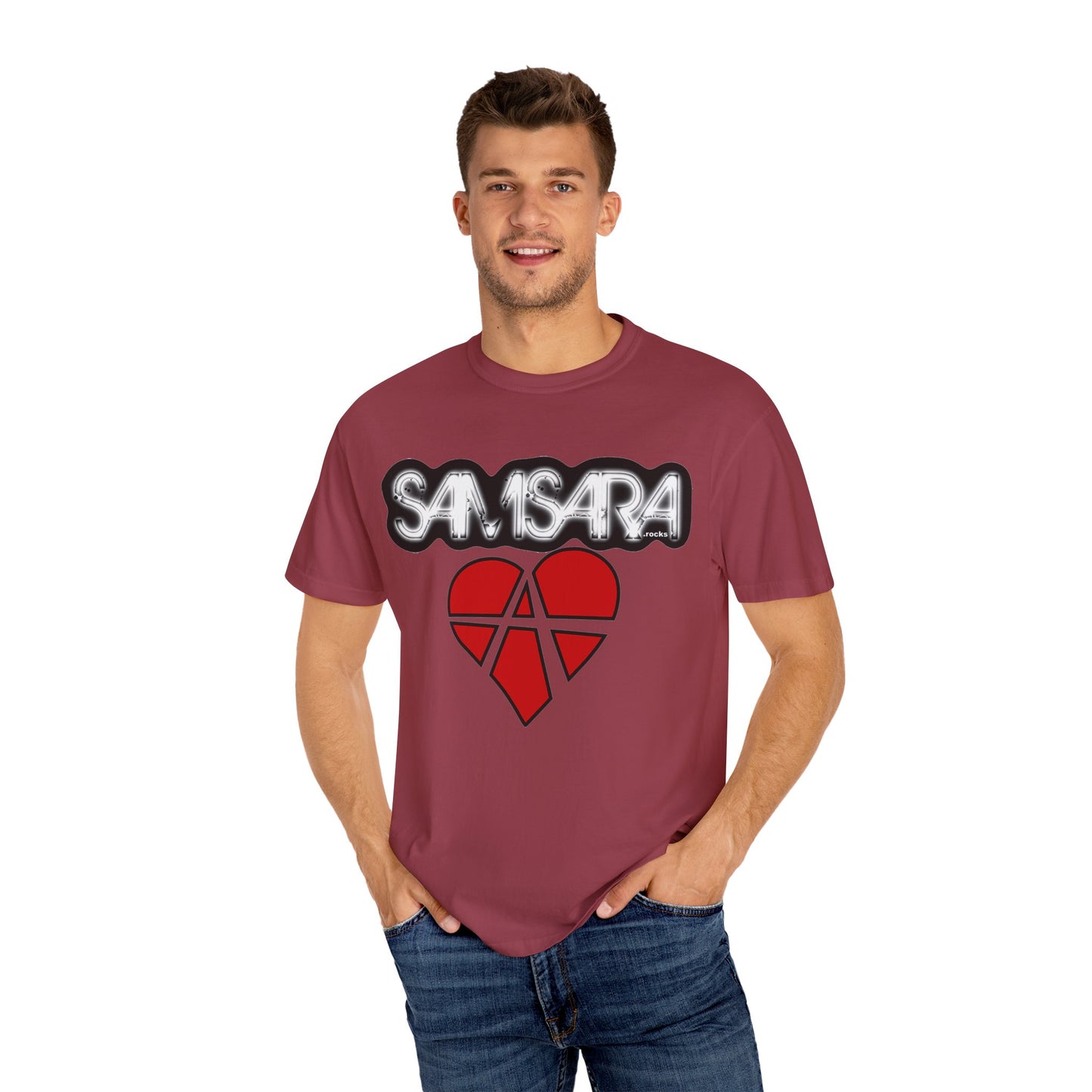 'Samsara Rocks' Logo, Love and Anarchy Graphic Tee | Unisex Garment-Dyed T-Shirt, Casual Fashion, Heart Design, Streetwear, Gift for Him/Her