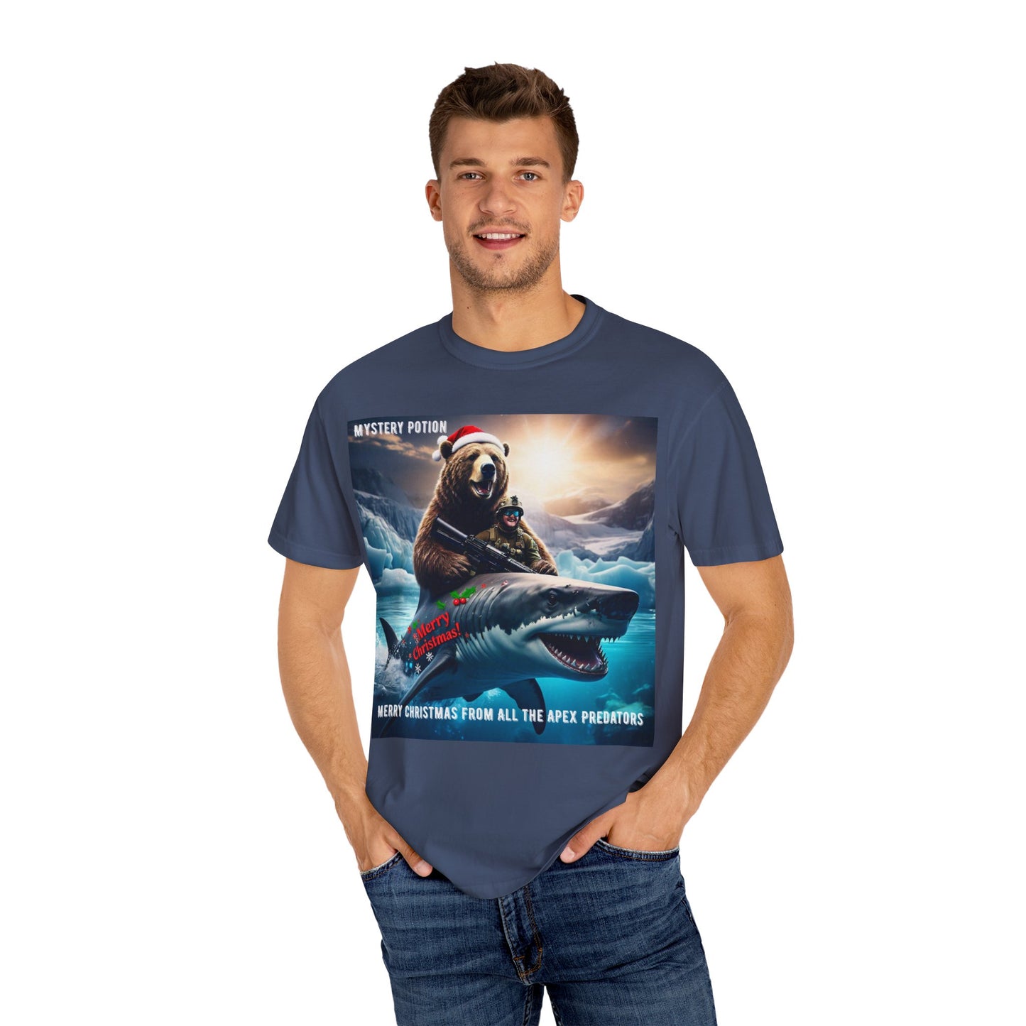 X-mas Humor T-Shirt "Merry Christmas from All the Apex Predators", Unisex Garment-Dyed Tee, Funny Holiday Shirt, Gift for Friends, Outdoor Adventure Wear, Novelty Apparel
