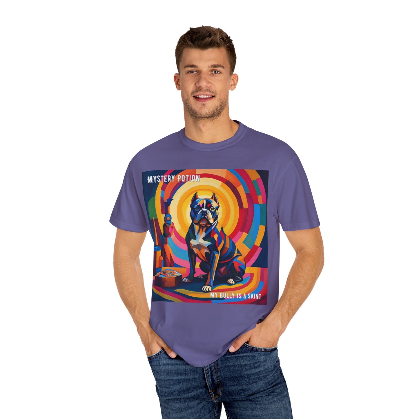 'My Bully Is A Saint' by Mystery Potion Colorful Dog Art T-shirt, Unisex Graphic Tee by Mystery Potion, Perfect for Pet Lovers, Comfy Casual Wear, Great Gift for Dog Lovers