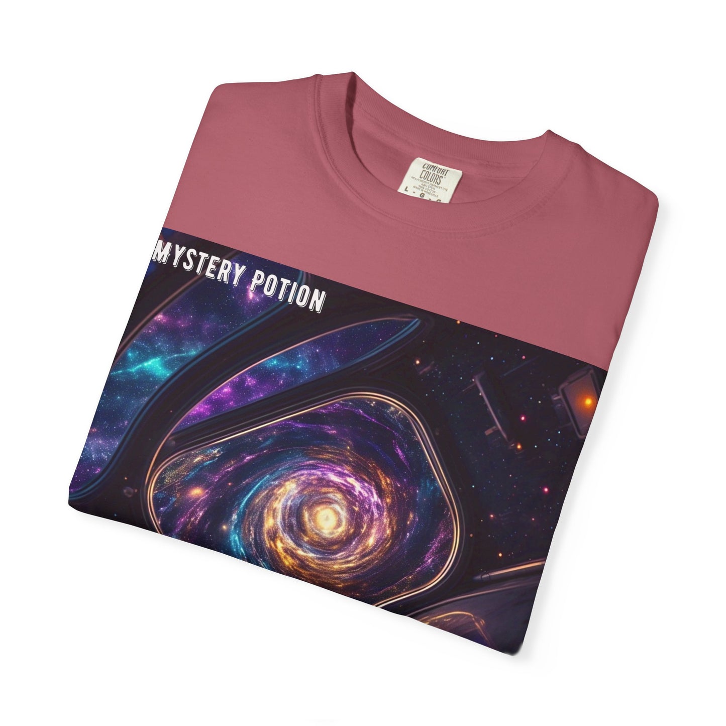 Cosmic Themed Mystery Potion Unisex Garment-Dyed T-shirt, Mystical Tee, Galaxy Shirt, Space Art Apparel, Unique Gift for Event Horizon Stargazers