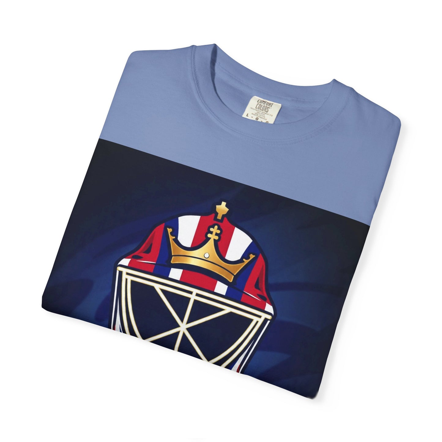 Regal Crown Goalie Mask Graphic T-shirt, Unisex Fashion Tee, Red, White and Blue Casual Wear, Gift for Her/Him, Summer Style, Graphic Apparel, Streetwear