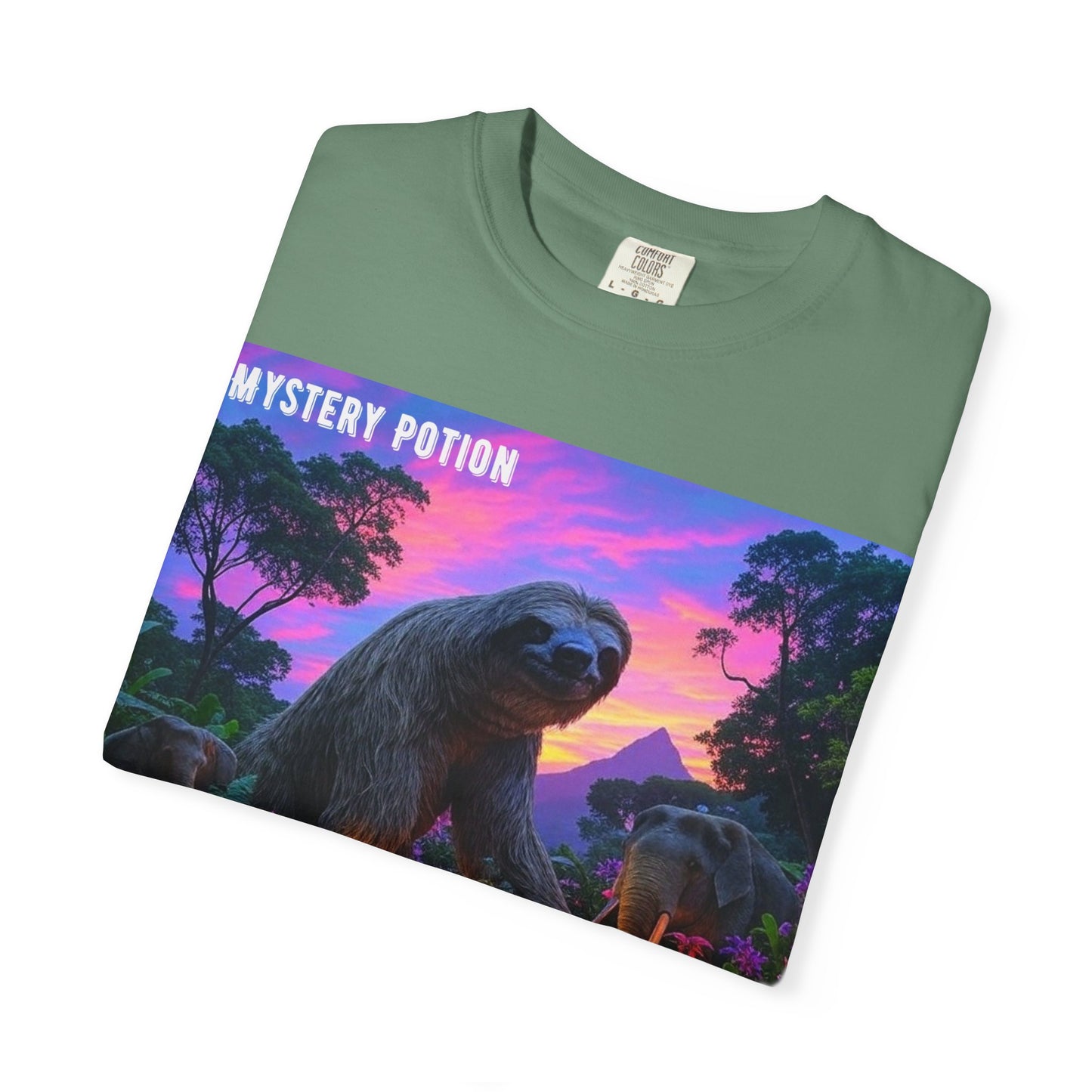 Mystery Potion's Giant Sloths and Mastodons Graphic T-Shirt | Unisex Garment-Dyed Tee for Nature Lovers, Unique Gift, Festival Wear, Prehistoric Design