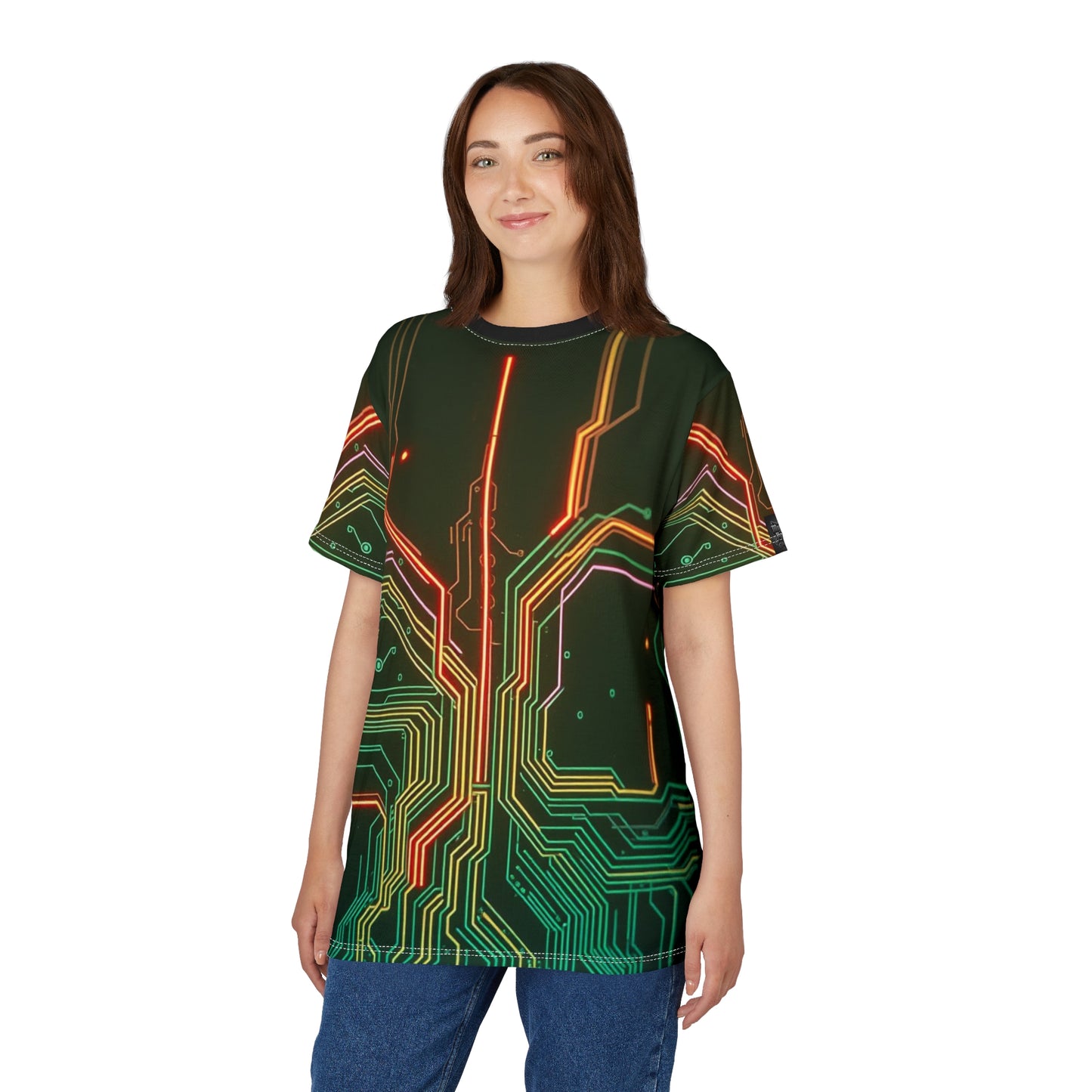 Futuristic Circuit Board Tee, Unisex Graphic Tee, Tech-Inspired Shirt, Unique Gift for Geeks, Cyberpunk Fashion, AOP Design