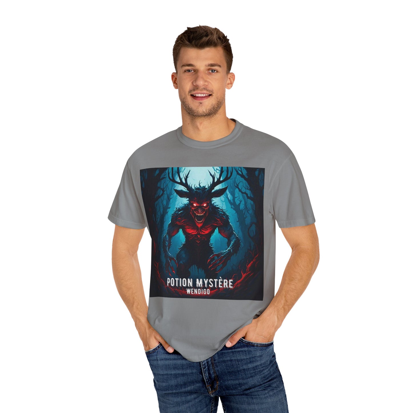 Mystical Wendigo T-Shirt, Unisex Garment-Dyed Tee, Potion Mystère Shirt, Halloween Apparel, Unique Graphic Tee