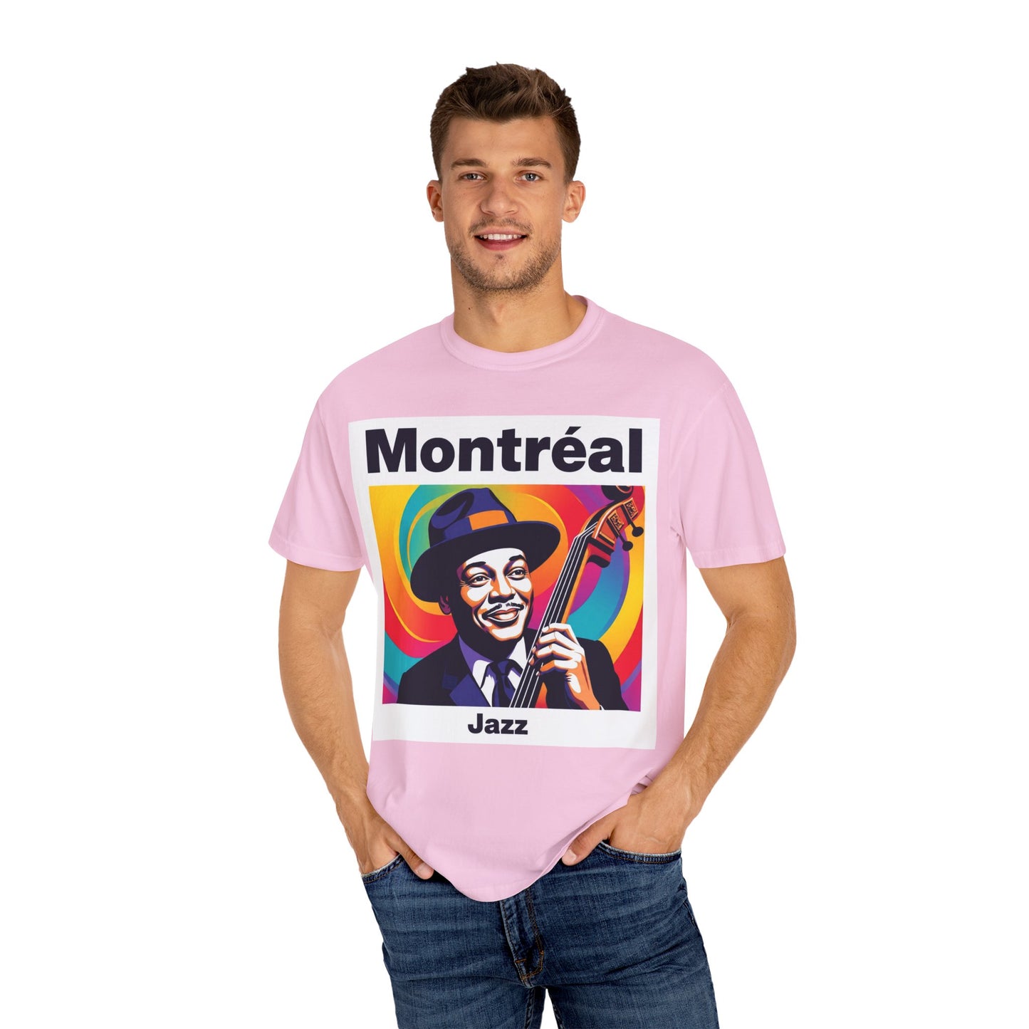 Vibrant Jazz T-Shirt with Montréal Design | Unisex Garment-Dyed Tee for Music Lovers, Concerts, Festivals, Gift Idea, Casual Wear