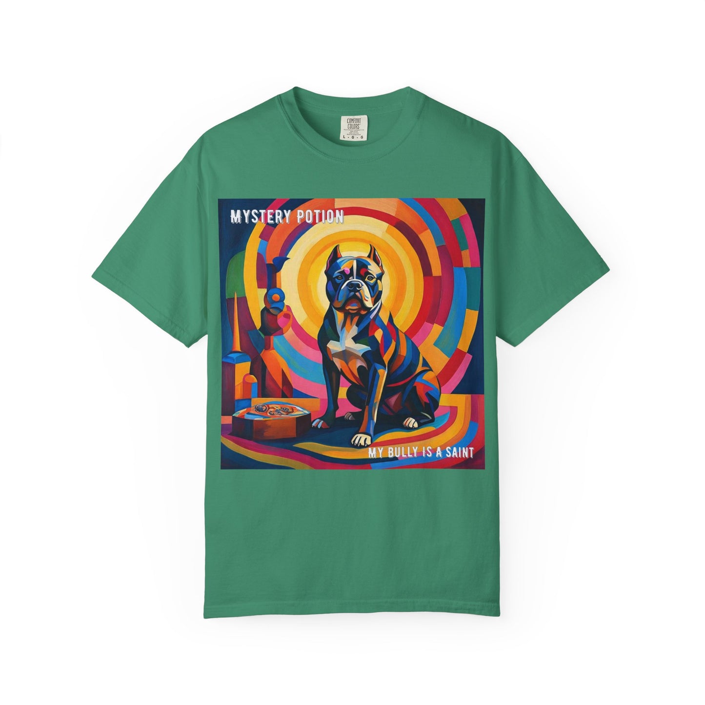 'My Bully Is A Saint' by Mystery Potion Colorful Dog Art T-shirt, Unisex Graphic Tee by Mystery Potion, Perfect for Pet Lovers, Comfy Casual Wear, Great Gift for Dog Lovers