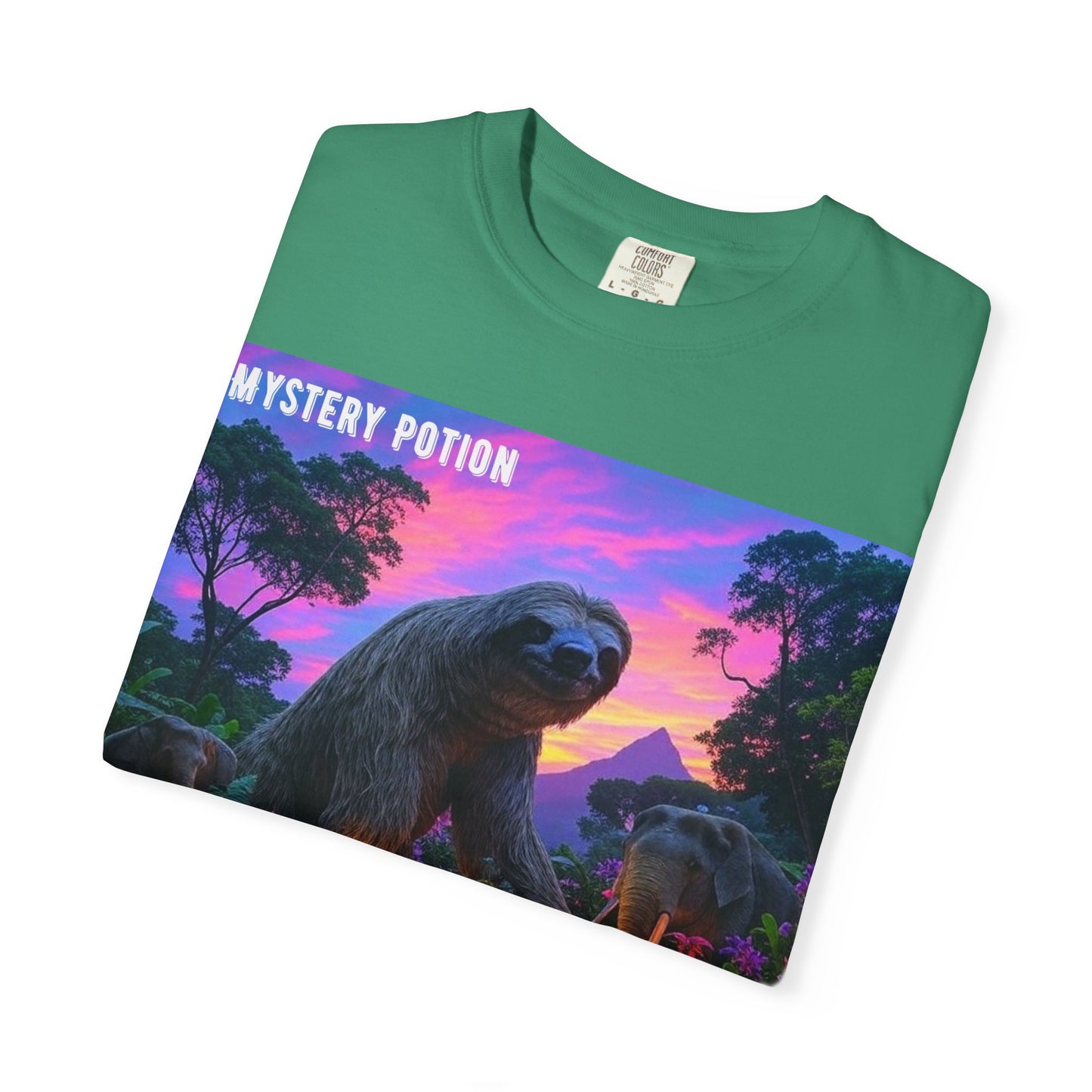 Mystery Potion's Giant Sloths and Mastodons Graphic T-Shirt | Unisex Garment-Dyed Tee for Nature Lovers, Unique Gift, Festival Wear, Prehistoric Design