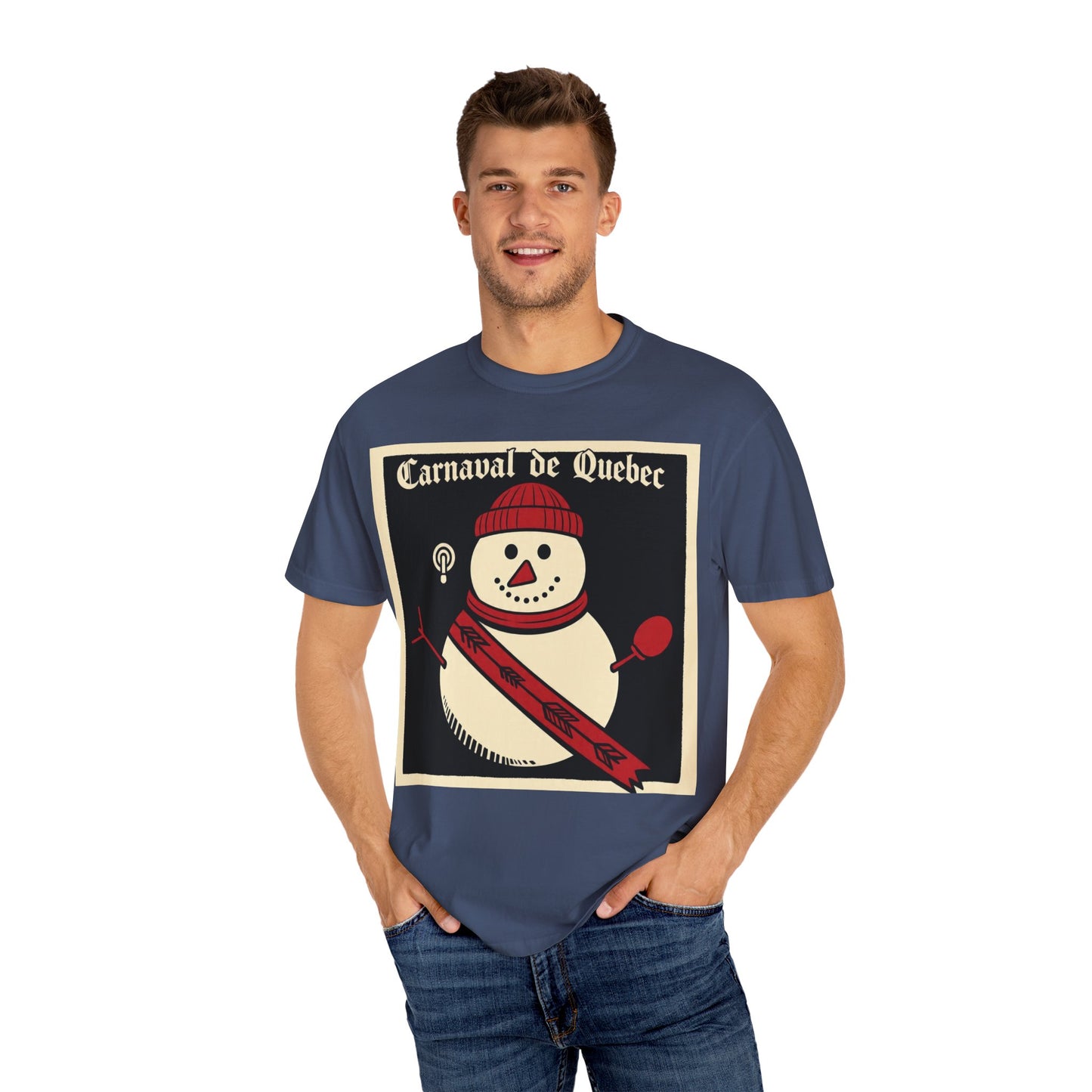 Quebec Carnaval Vintage Snowman Biker Lore Rocker T-Shirt, Cozy Winter Apparel, Unisex Snowman Graphic Tee, Festive Celebration Shirt, Winter Holiday Gift
