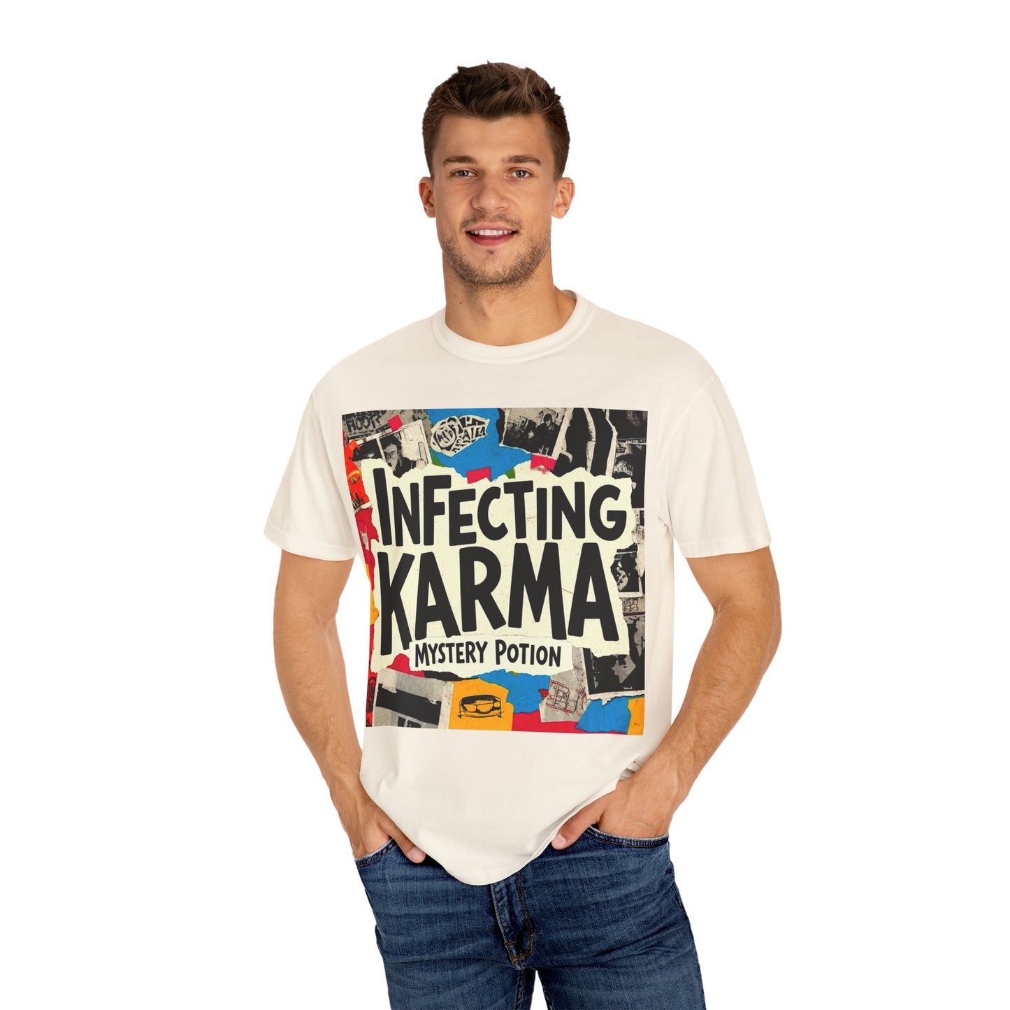 'Infecting Karma' by Mystery Potion,  Mystical Vibes T-shirt Design - Summer Casual Wear, Gift for Friends, Festival Apparel, Unique Statement Tee