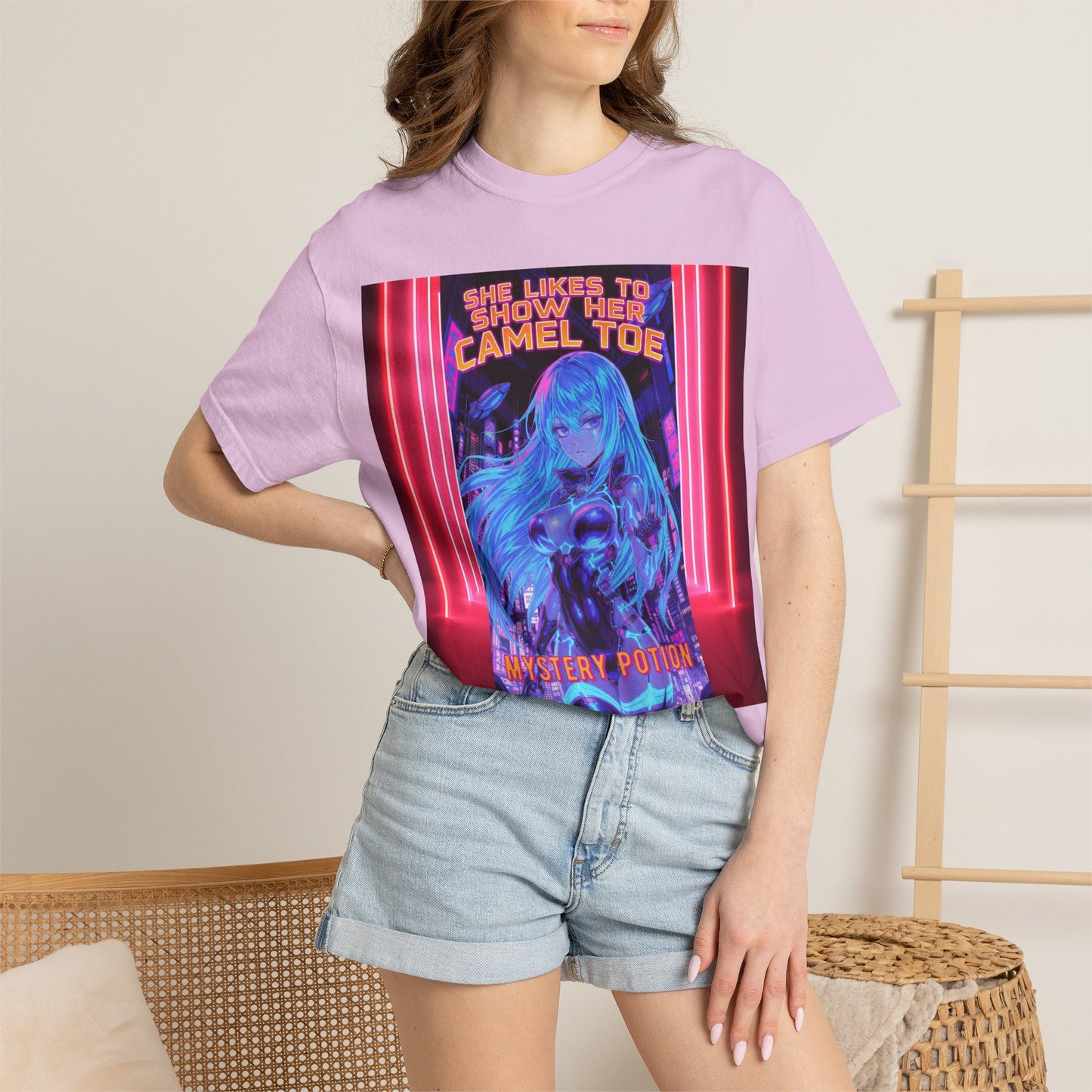 Anime Neon Tee — "She Likes to Show Her Camel Toe" Graphic T-Shirt