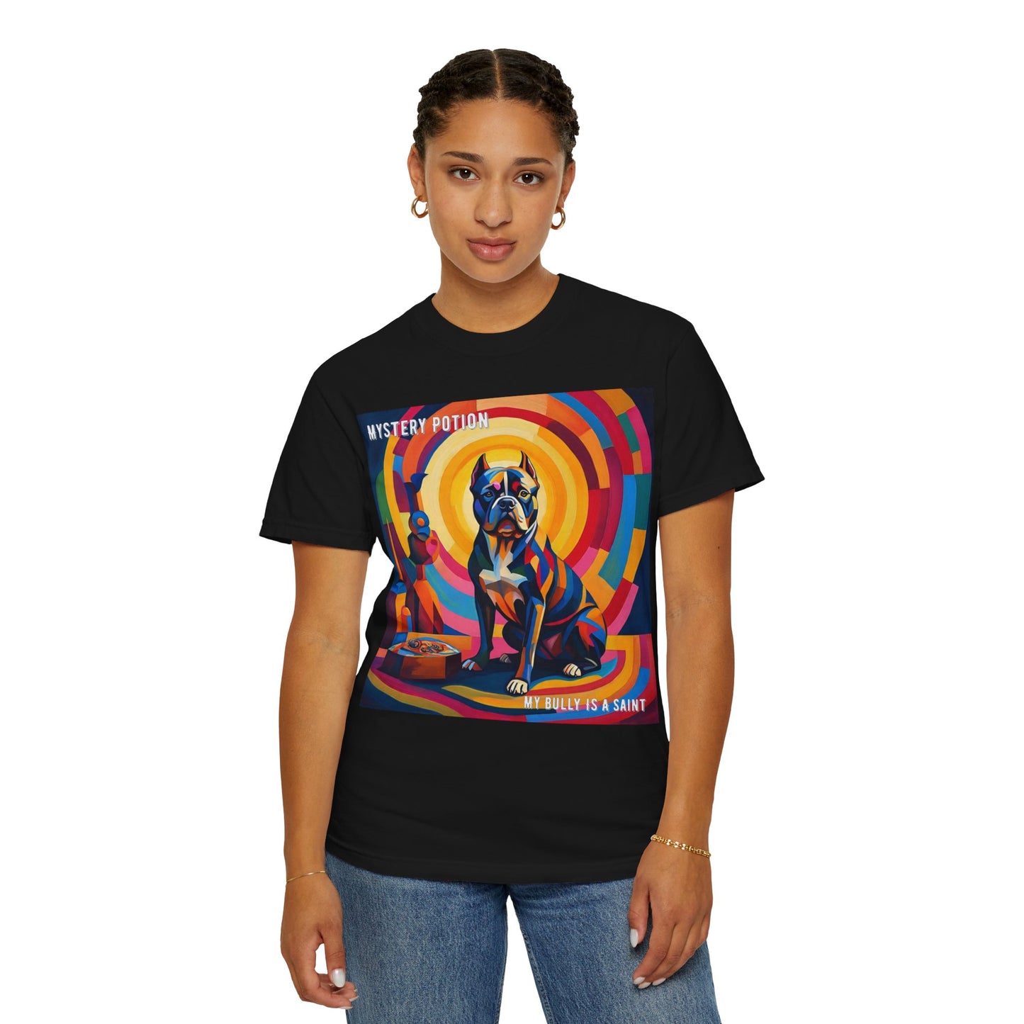 'My Bully Is A Saint' by Mystery Potion Colorful Dog Art T-shirt, Unisex Graphic Tee by Mystery Potion, Perfect for Pet Lovers, Comfy Casual Wear, Great Gift for Dog Lovers