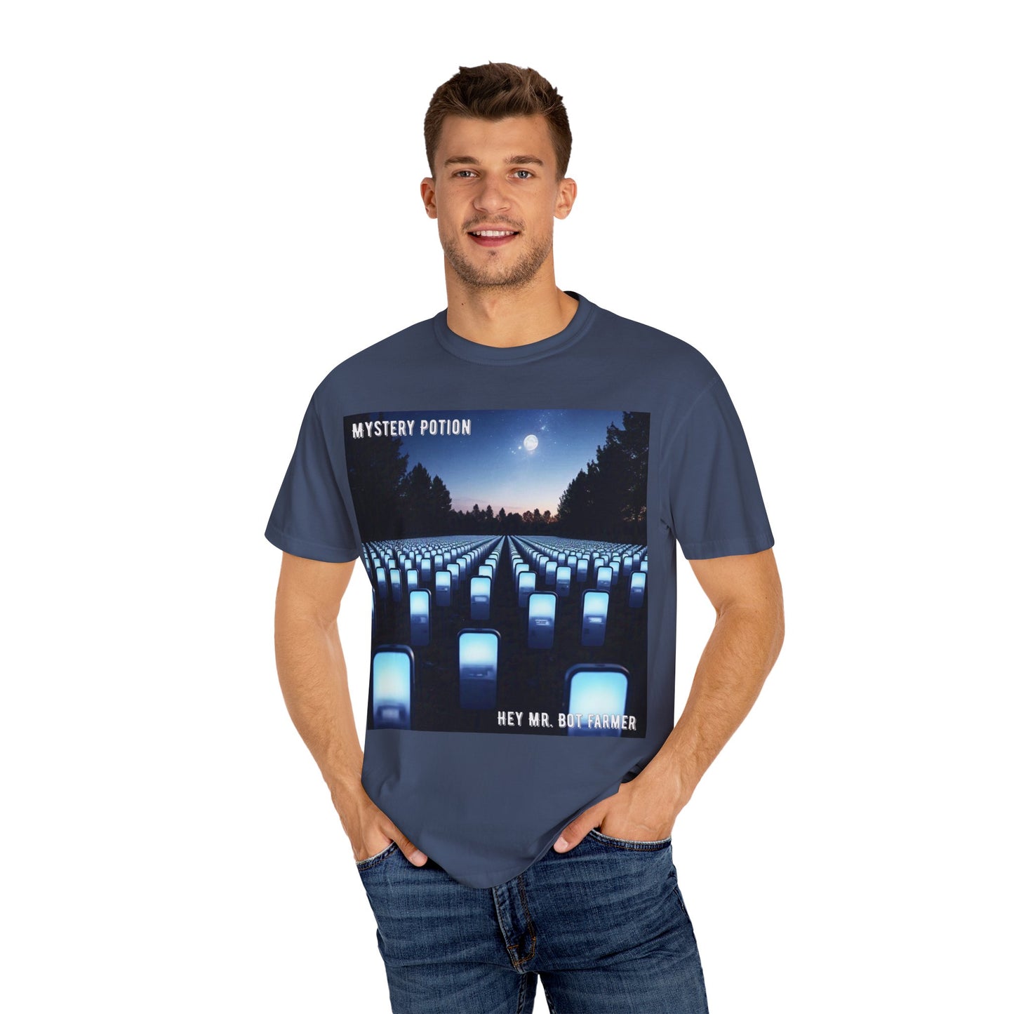 Mystery Potion "Hey Mr. Bot Farmer" Graphic T-Shirt, Unisex Vintage Tee, Perfect for Music Festivals, Casual Wear, Gifts for Him/Her