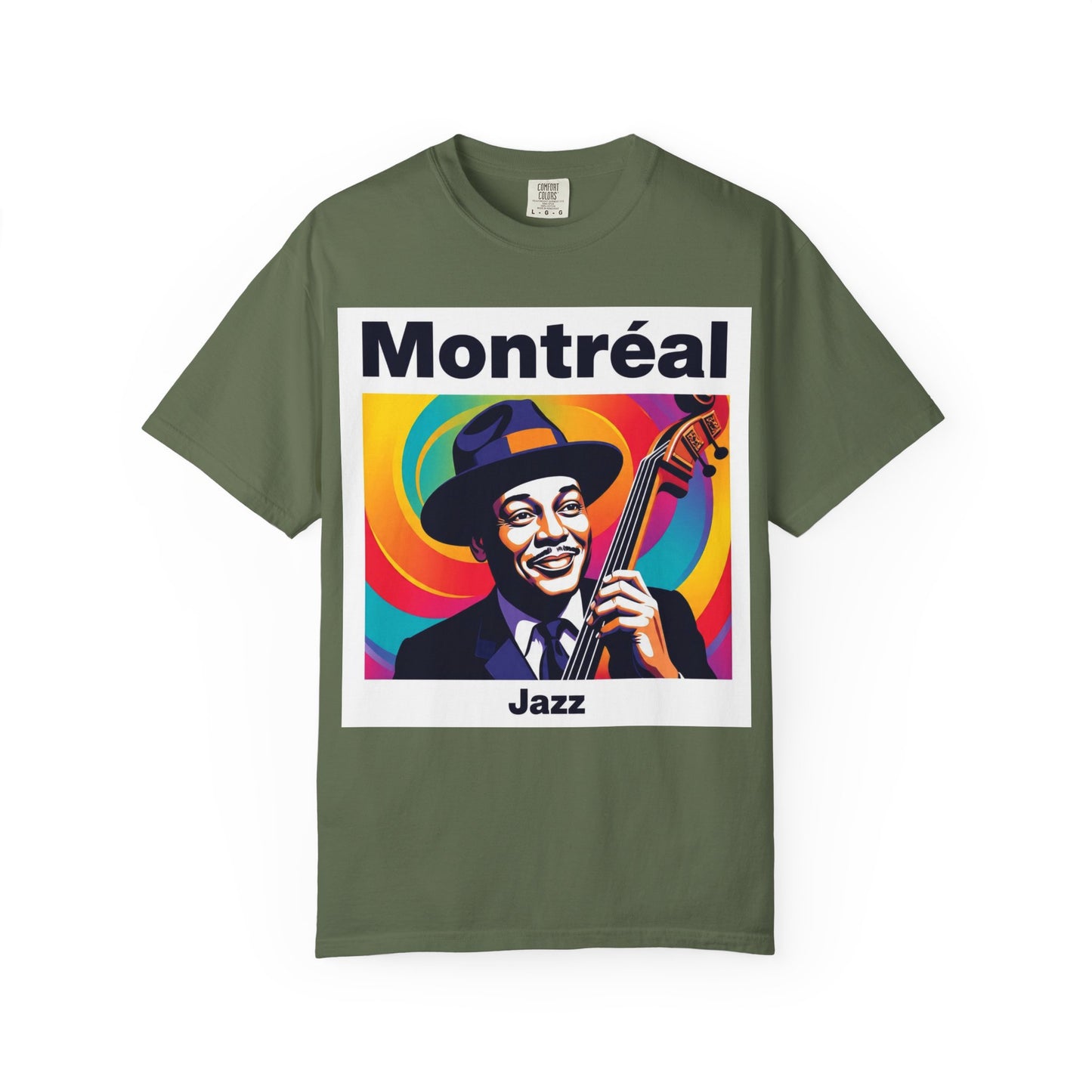 Vibrant Jazz T-Shirt with Montréal Design | Unisex Garment-Dyed Tee for Music Lovers, Concerts, Festivals, Gift Idea, Casual Wear