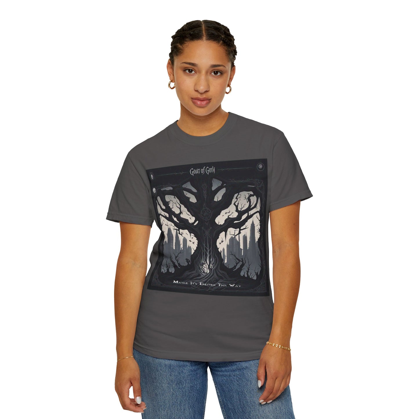 Gothic Tree T-Shirt, GOAT of Goth Unisex Cotton Tee for Nature Lovers, Unique Graphic Tee, Perfect for Festivals, Gift for Adventurers, Eco-Friendly Wear