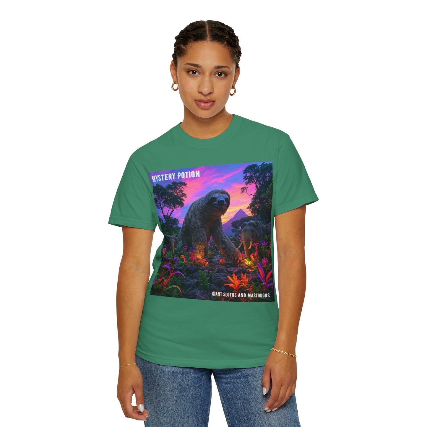 Mystery Potion's Giant Sloths and Mastodons Graphic T-Shirt | Unisex Garment-Dyed Tee for Nature Lovers, Unique Gift, Festival Wear, Prehistoric Design