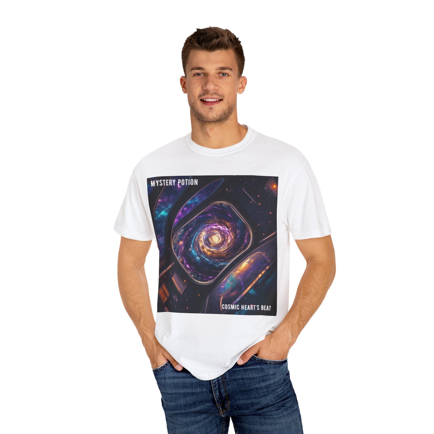Cosmic Themed Mystery Potion Unisex Garment-Dyed T-shirt, Mystical Tee, Galaxy Shirt, Space Art Apparel, Unique Gift for Event Horizon Stargazers