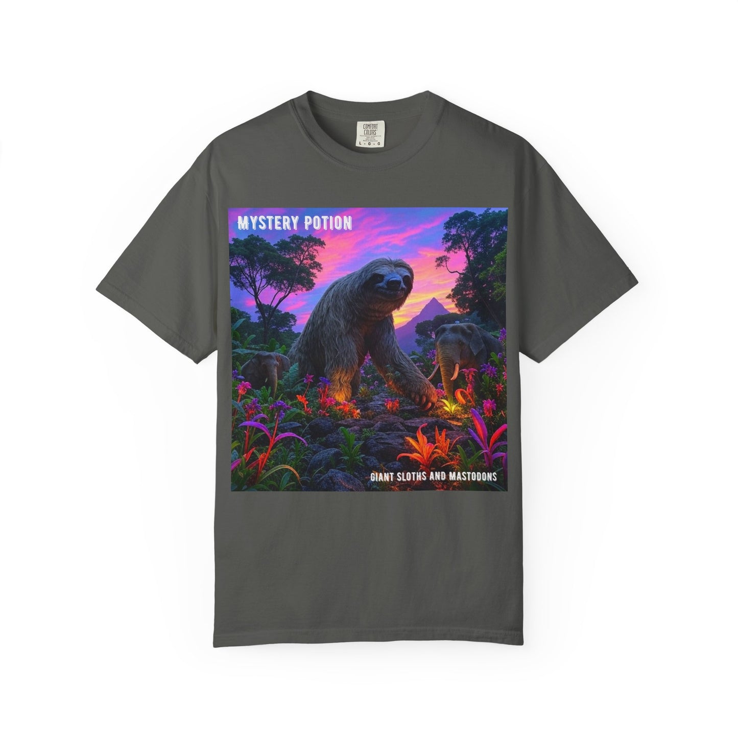 Mystery Potion's Giant Sloths and Mastodons Graphic T-Shirt | Unisex Garment-Dyed Tee for Nature Lovers, Unique Gift, Festival Wear, Prehistoric Design