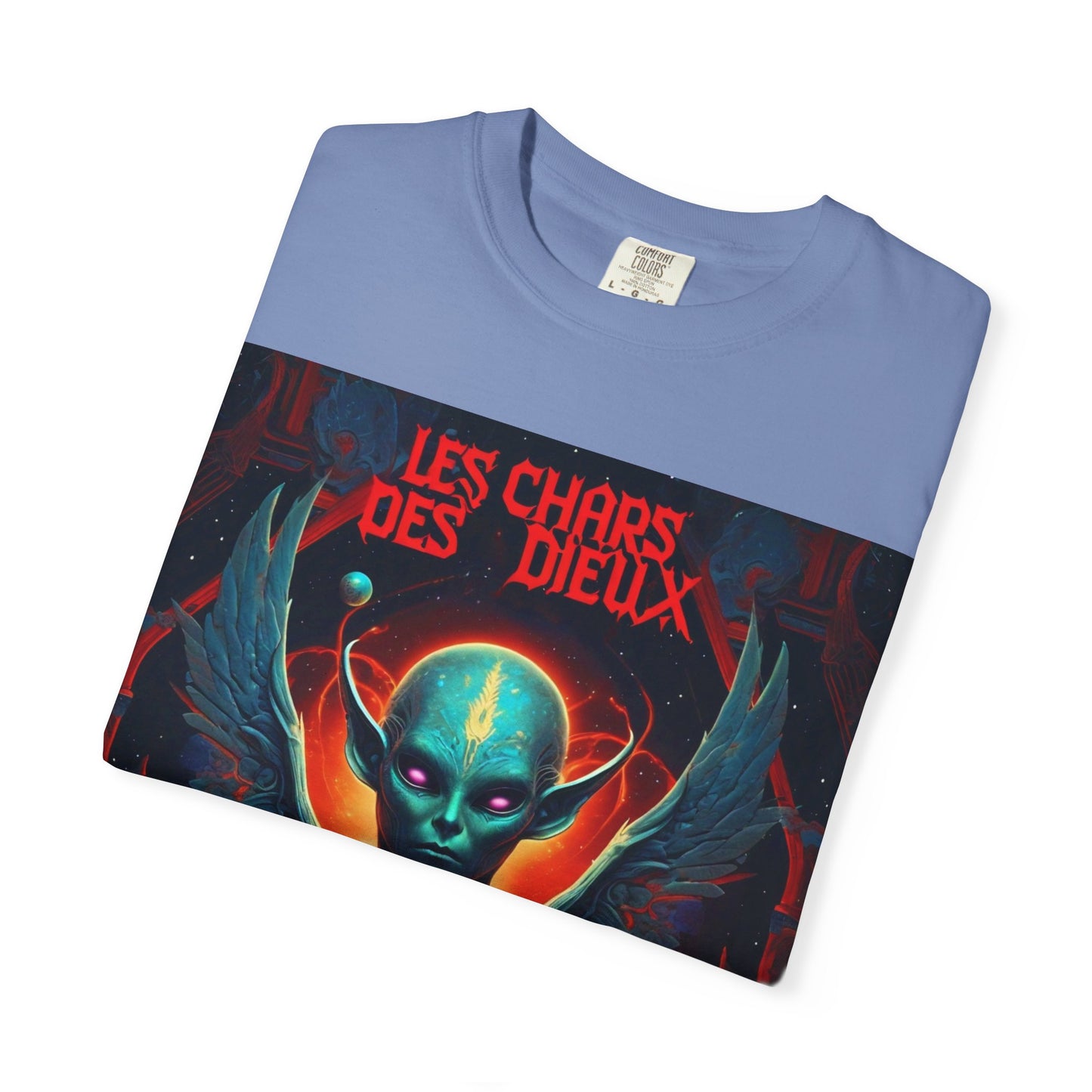 'Les Chars des Dieux' par Potion Mystère, Mystical Alien Graphic T-Shirt | Unisex Tee for Sci-Fi Lovers, Unique Gift for Halloween, Cosmic Vibes, Statement Shirt, Trendy Fashion