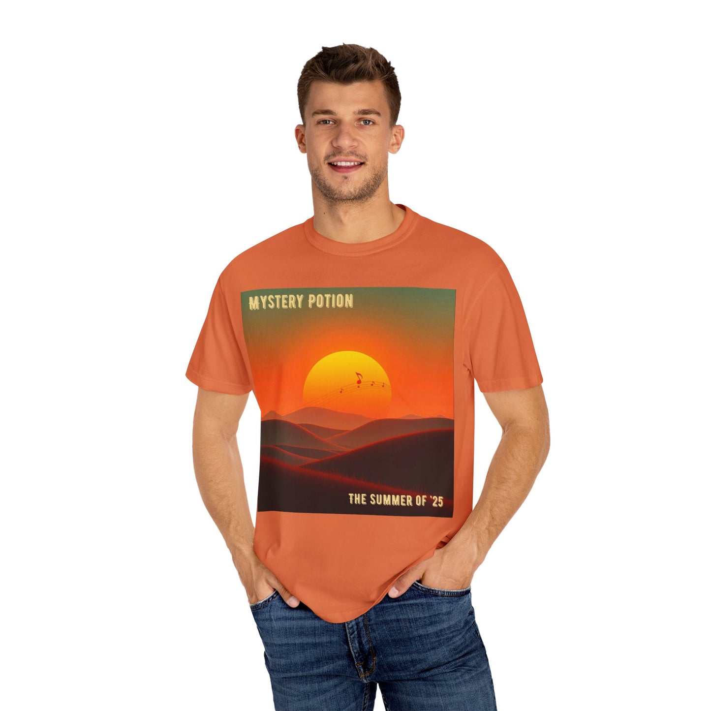 'The Summer of '25'  by Mystery Potion, Mystical Sunset T-Shirt - Unisex Garment-Dyed Tee, Retro Vibe, Bohemian Style, Summer Essential Swag