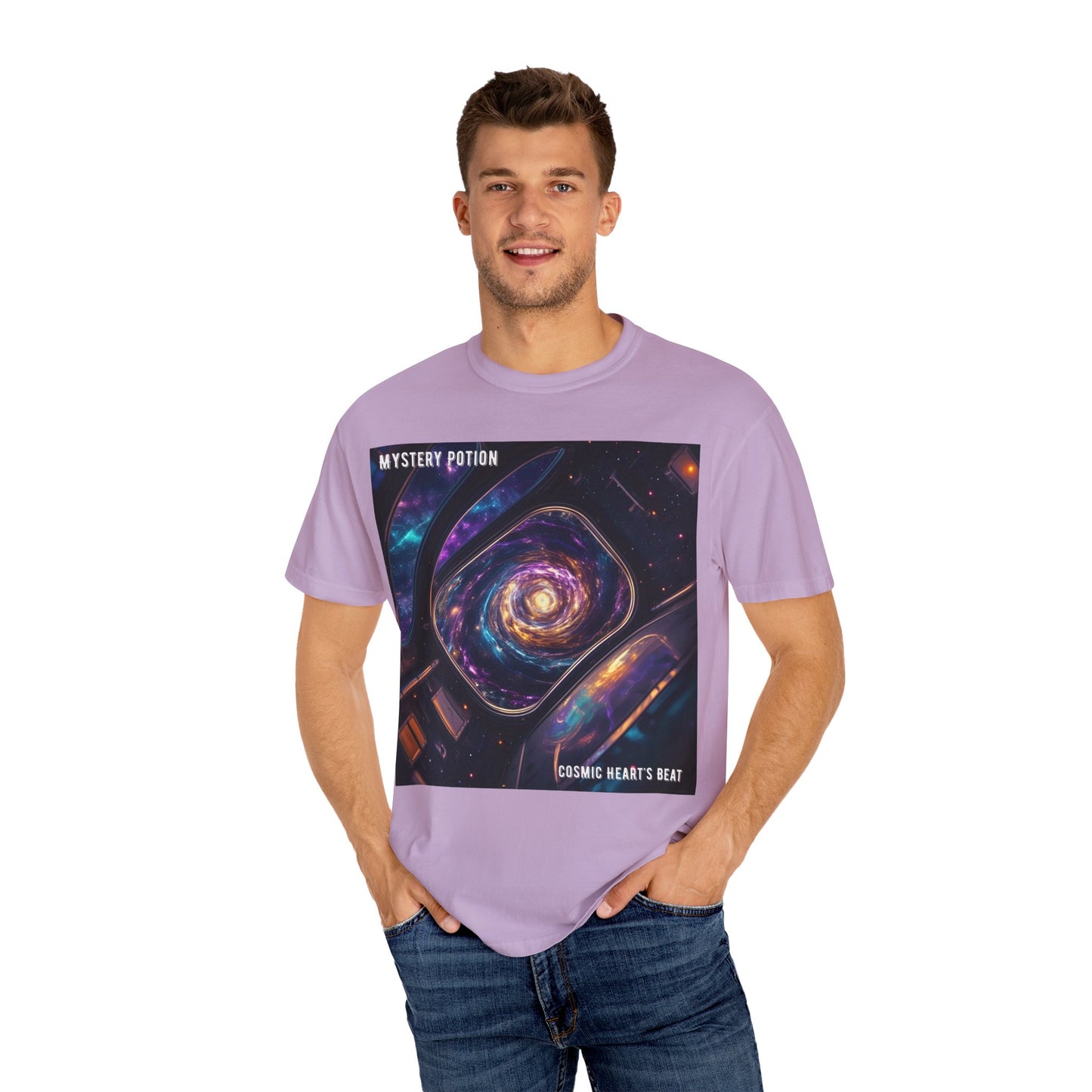 Cosmic Themed Mystery Potion Unisex Garment-Dyed T-shirt, Mystical Tee, Galaxy Shirt, Space Art Apparel, Unique Gift for Event Horizon Stargazers