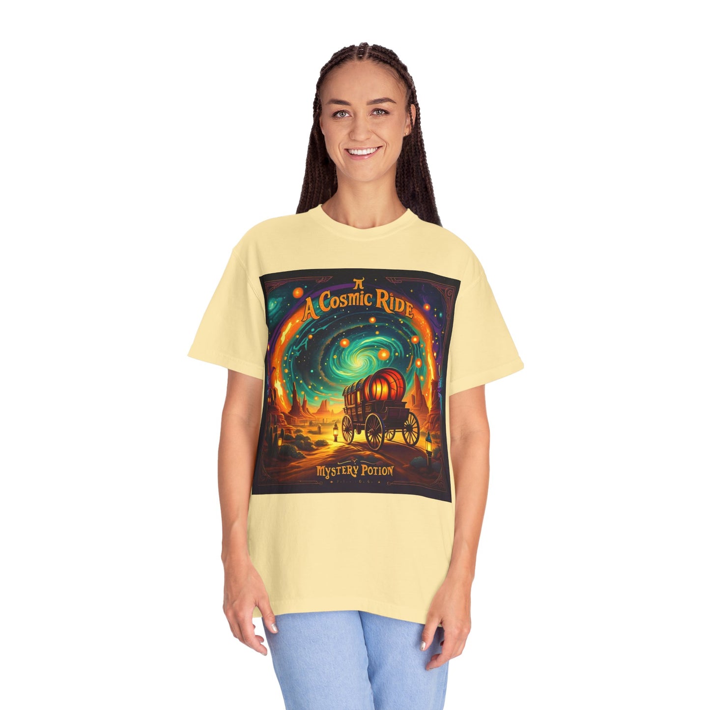 A Cosmic Ride by Mystery Potion T-Shirt, Unisex Graphic Tee, Country Western Festival Wear, Bohemian Style, Gift for Dreamers, Mystical Art Shirt