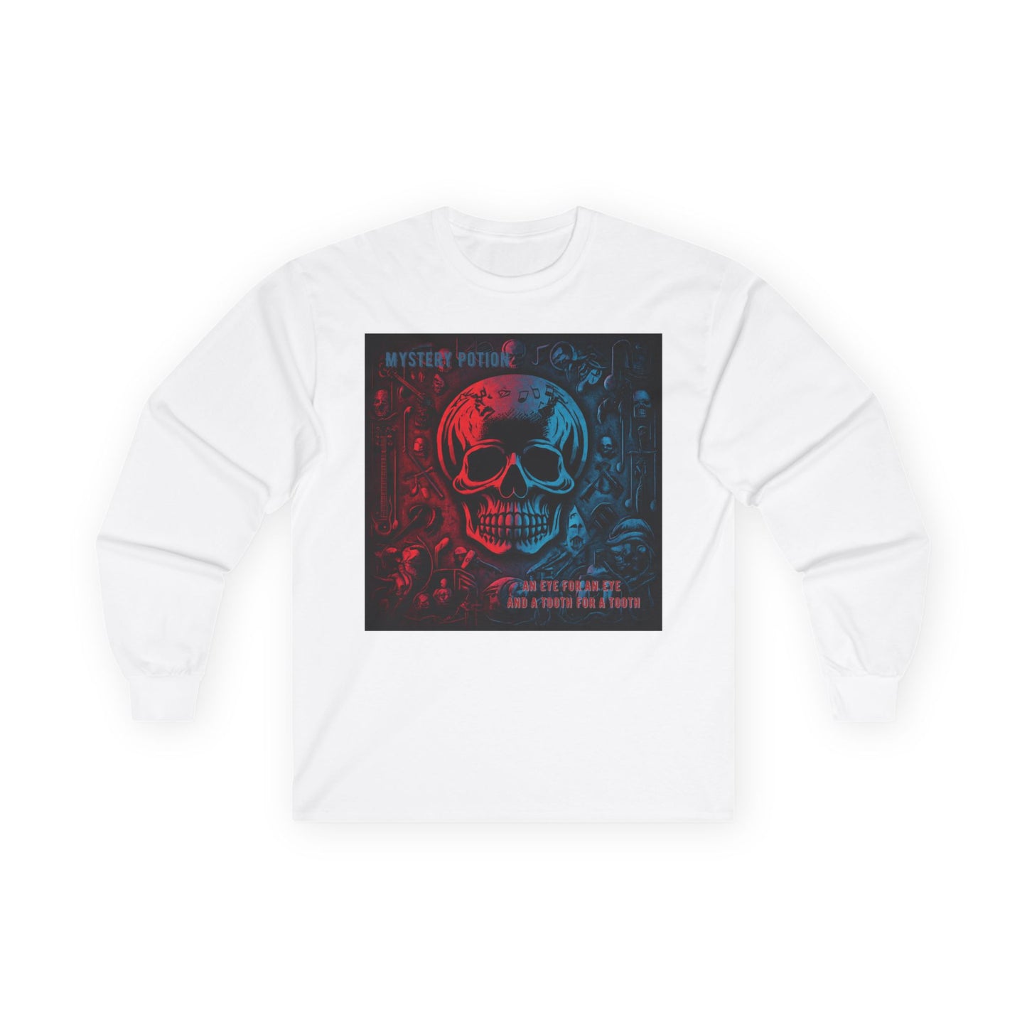 Mystery Potion's 'An Eye For An Eye, And A Tooth For A Tooth' Long Sleeve Tee: Red and Blue Skull Design