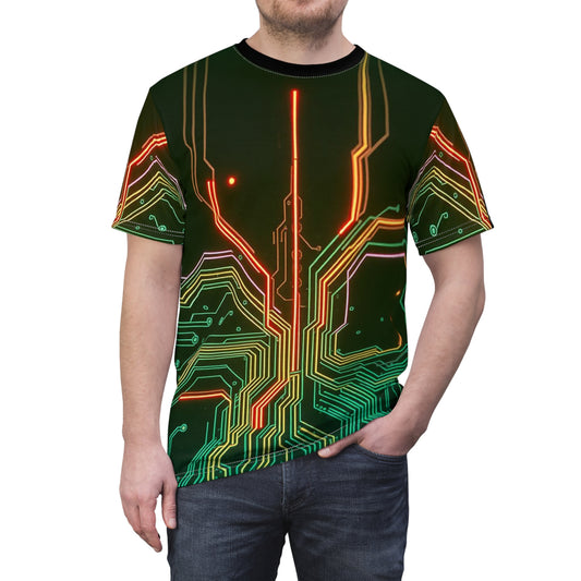 Futuristic Circuit Board Tee, Unisex Graphic Tee, Tech-Inspired Shirt, Unique Gift for Geeks, Cyberpunk Fashion, AOP Design