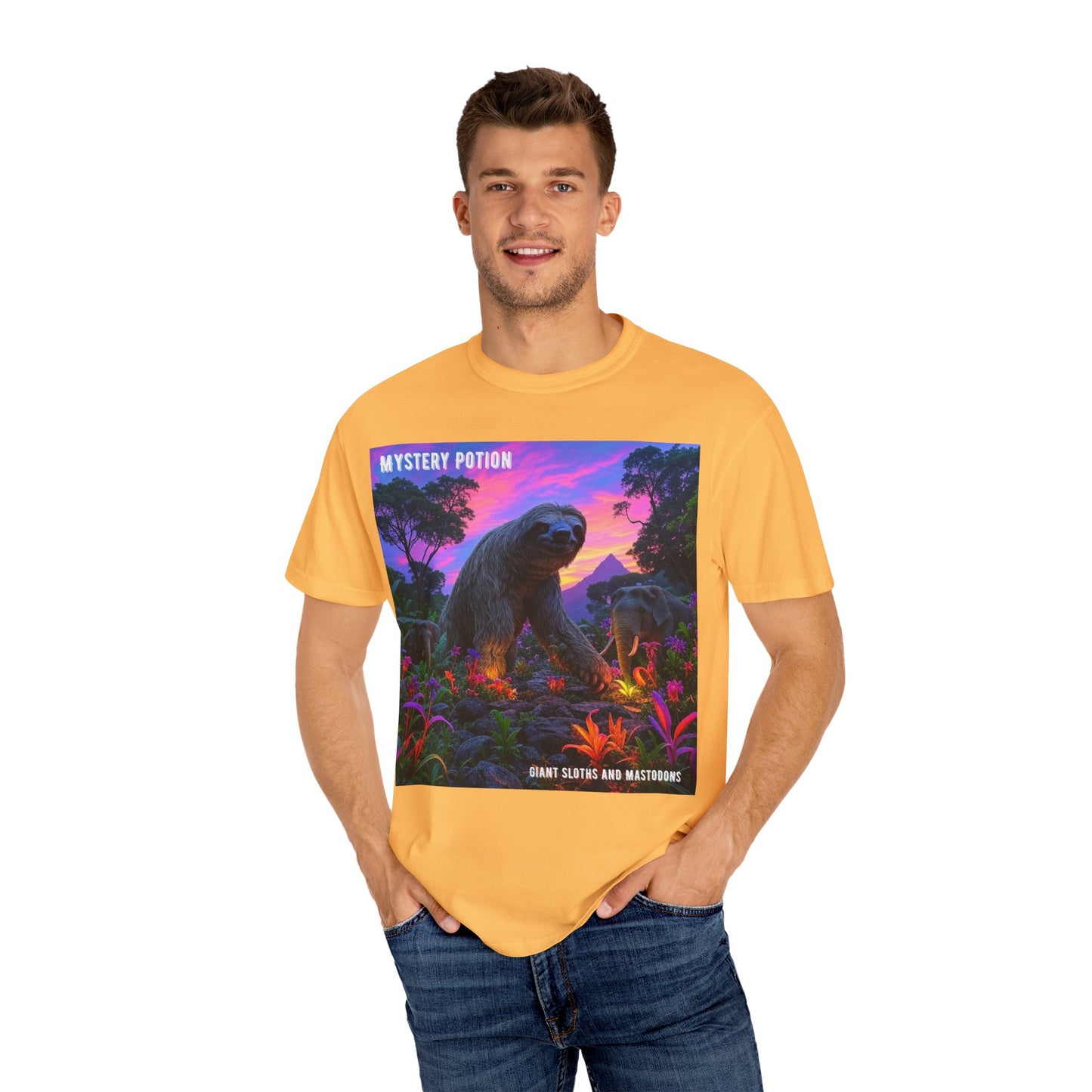 Mystery Potion's Giant Sloths and Mastodons Graphic T-Shirt | Unisex Garment-Dyed Tee for Nature Lovers, Unique Gift, Festival Wear, Prehistoric Design
