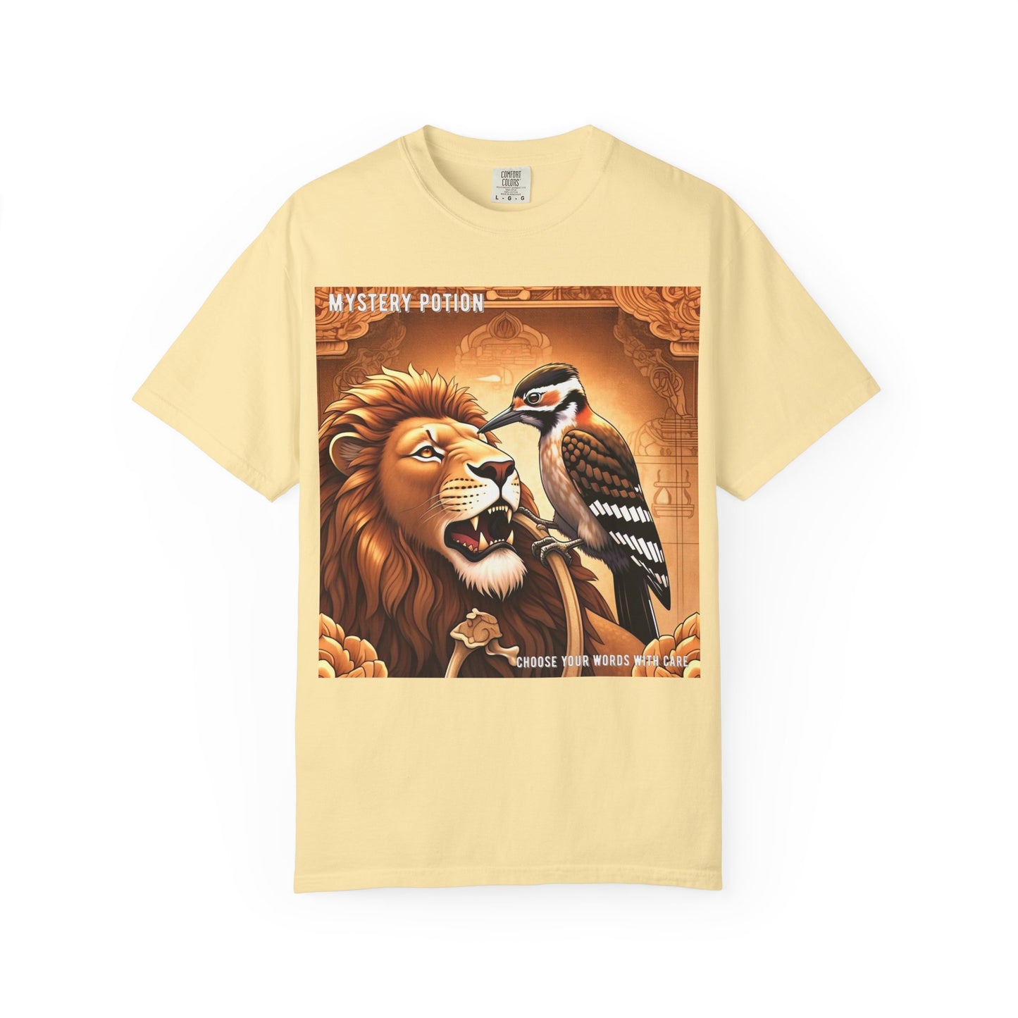 Mystical Lion & Bird T-Shirt | Unique Graphic Tee, Unisex Apparel, Gift for Nature Lovers, Bohemian Style, Festival Wear